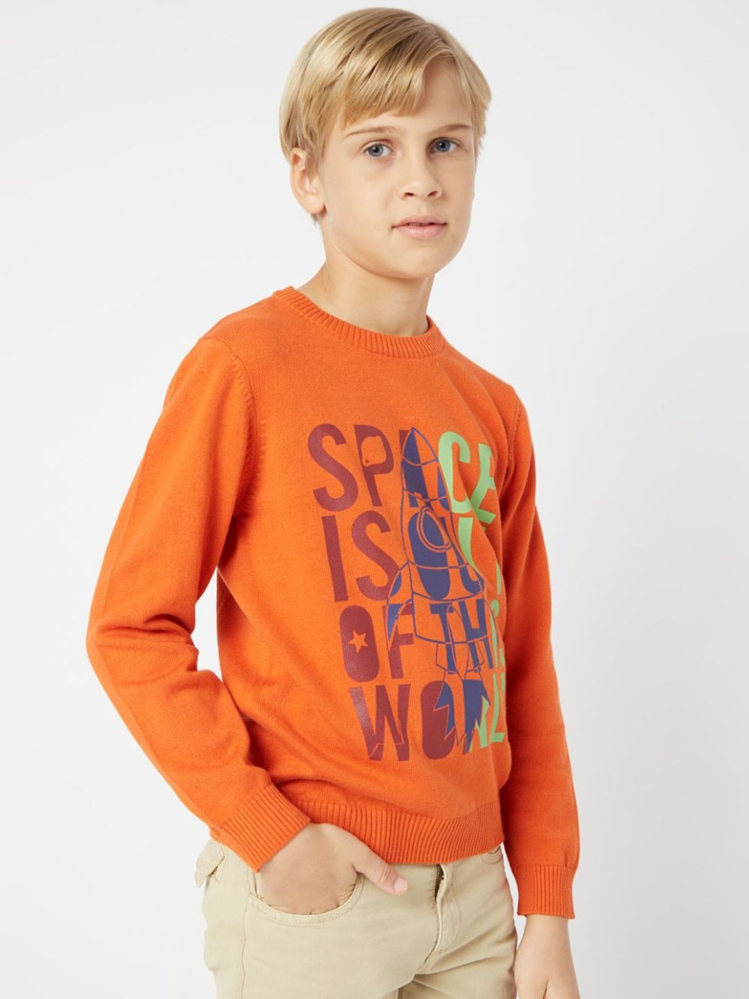 GAS Kids Orange Cotton Printed Full Sleeves Sweater