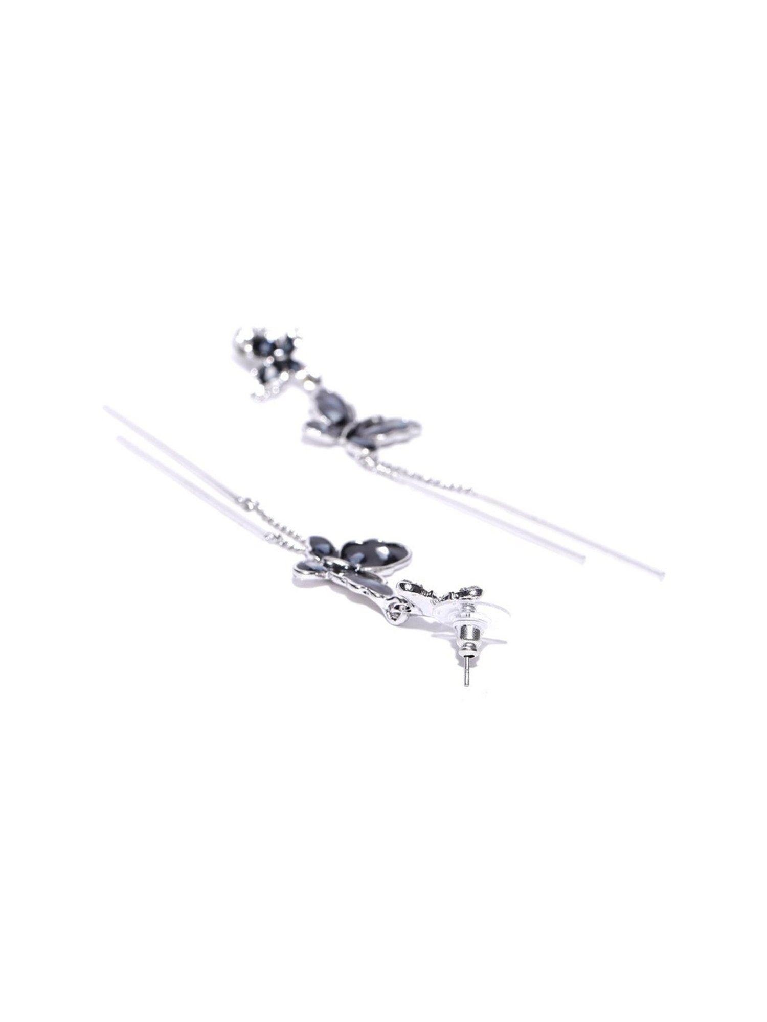 YouBella Black Silver-Toned Contemporary Stone-Studded Dangler Earrings