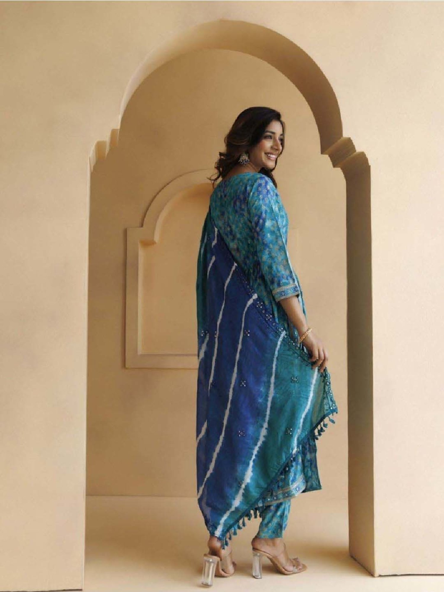 Geroo Jaipur Blue Shaded Cotton-Rayon Embroidered Kurta and Pant with Silk Dupatta