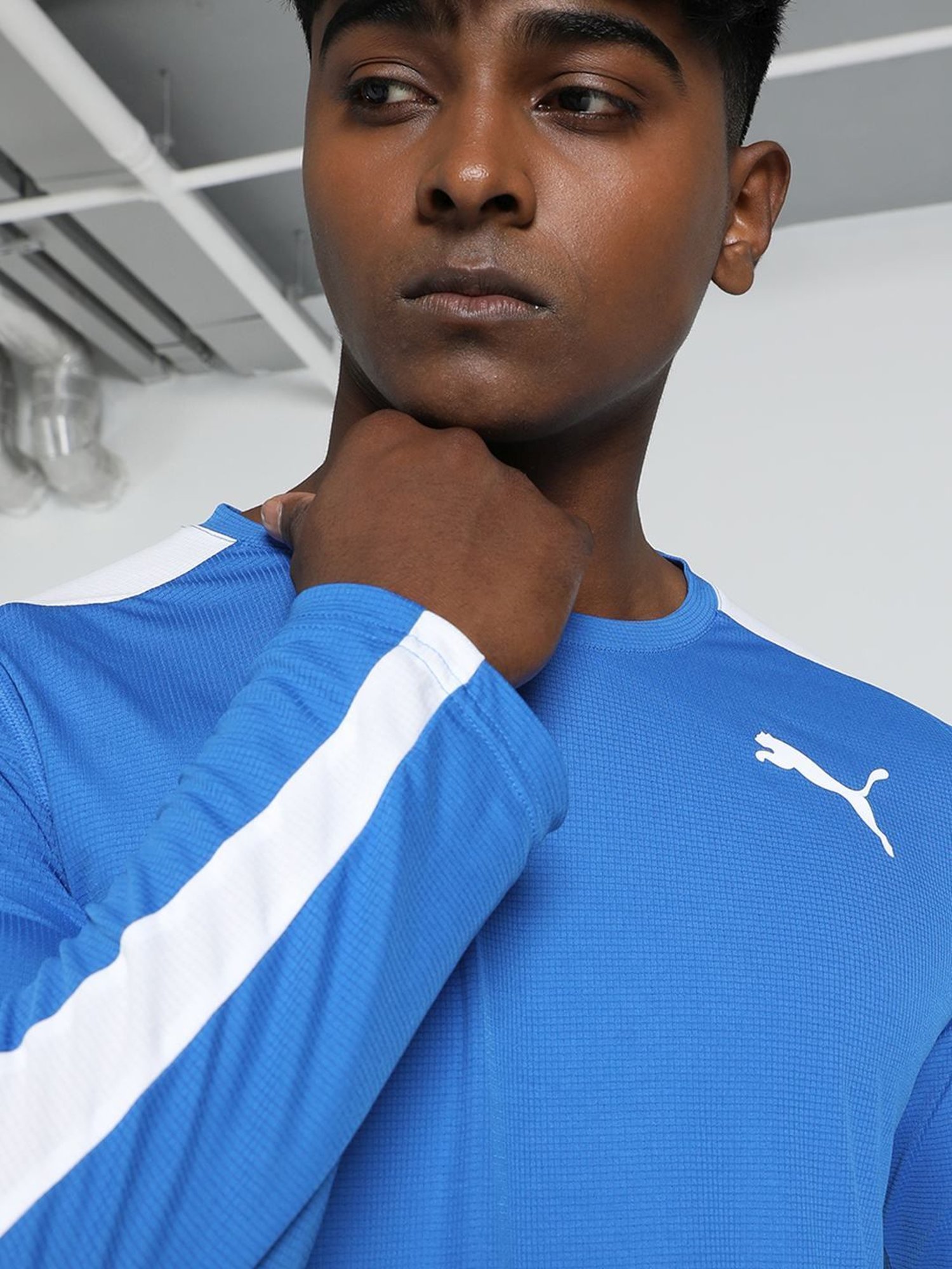 Puma Team Power Blue-Puma White Regular Fit Colour Block Sports T-Shirt