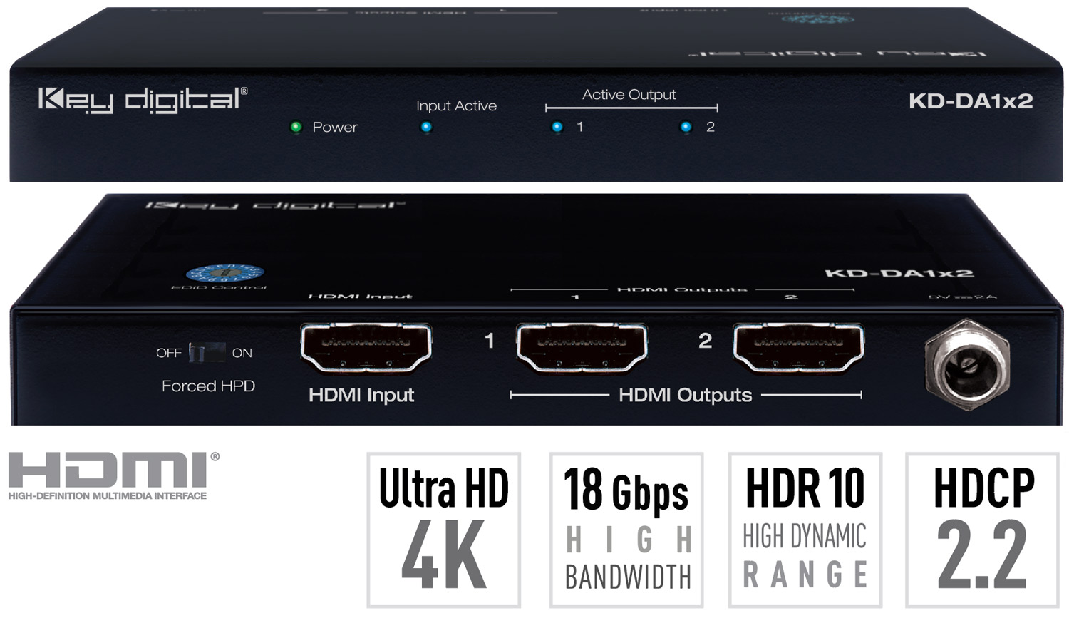 Key Digital KD-DA1x2 1 Input to 2 Outputs HDMI Distribution Amplifier, supports Ultra HD/4K & HDCP 2.2