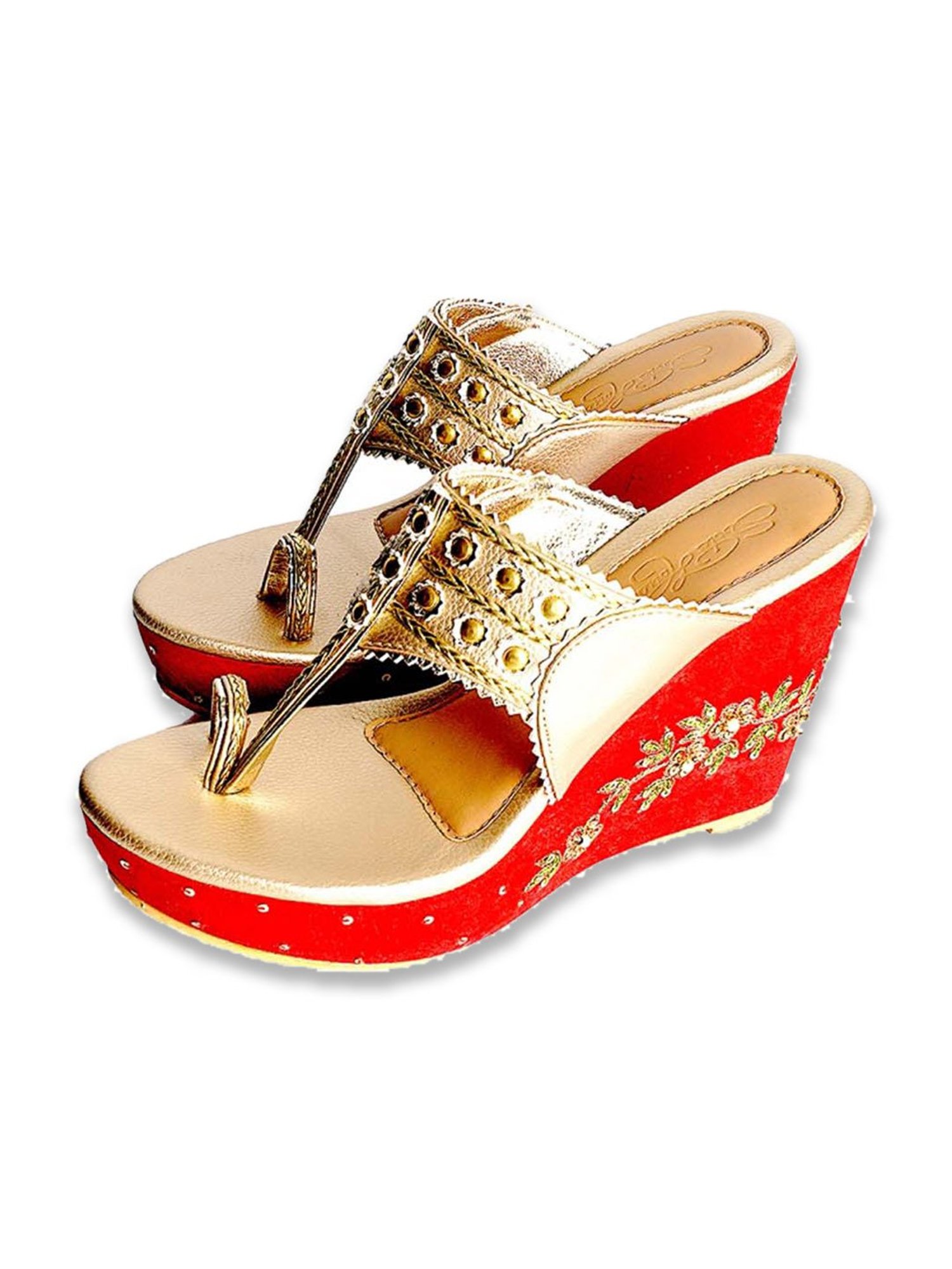 Sole House Women's Golden & Red Toe Ring Wedges