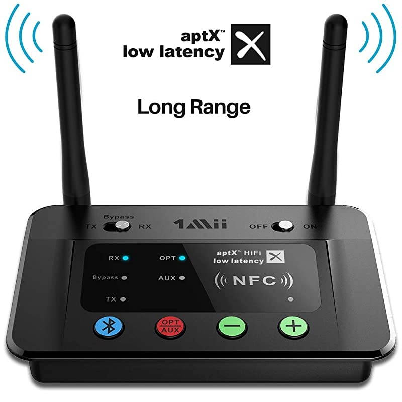 Long Range Bluetooth Transmitter Receiver Bluetooth Audio Adapter for TV PC Home Stereo with aptX Low Latency HiFi Sound amp NFC Optical RCA AUX 35mm B03