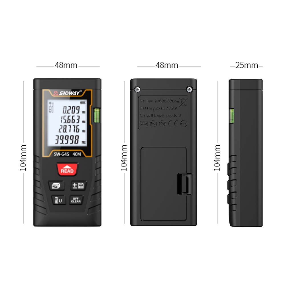 SNDWAY 40 Meters Laser Distance Meter Handheld Rangefinder Digital Mini Distance Measuring Meter Portable Electronic Space Measurement Device with Bubble Level for Length Area Volume
