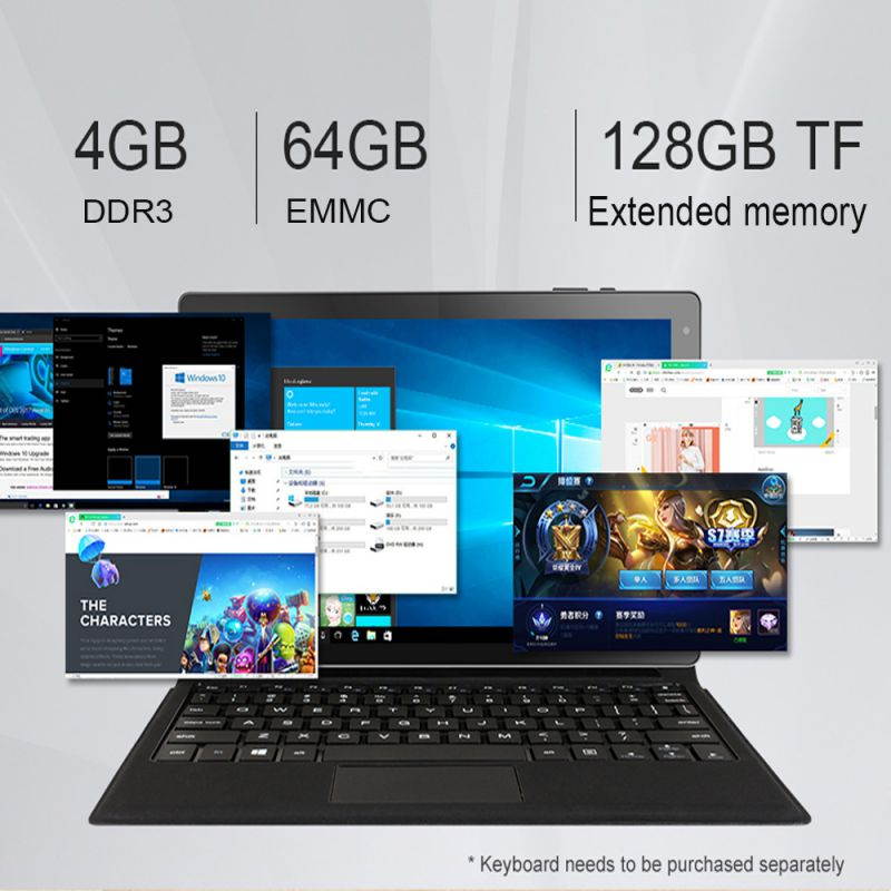 Lemonra Tablet PC 2-in-1 Laptop Cherry Trail X5-Z8350 Quad Core 8th HD Graphics 10.1" Full 1920*1080 HD Display IPS Screen, 4GB DDR3L Memory 64GB Flash eMMC Windows 10 Ultrabook with Magnetic Keyboard