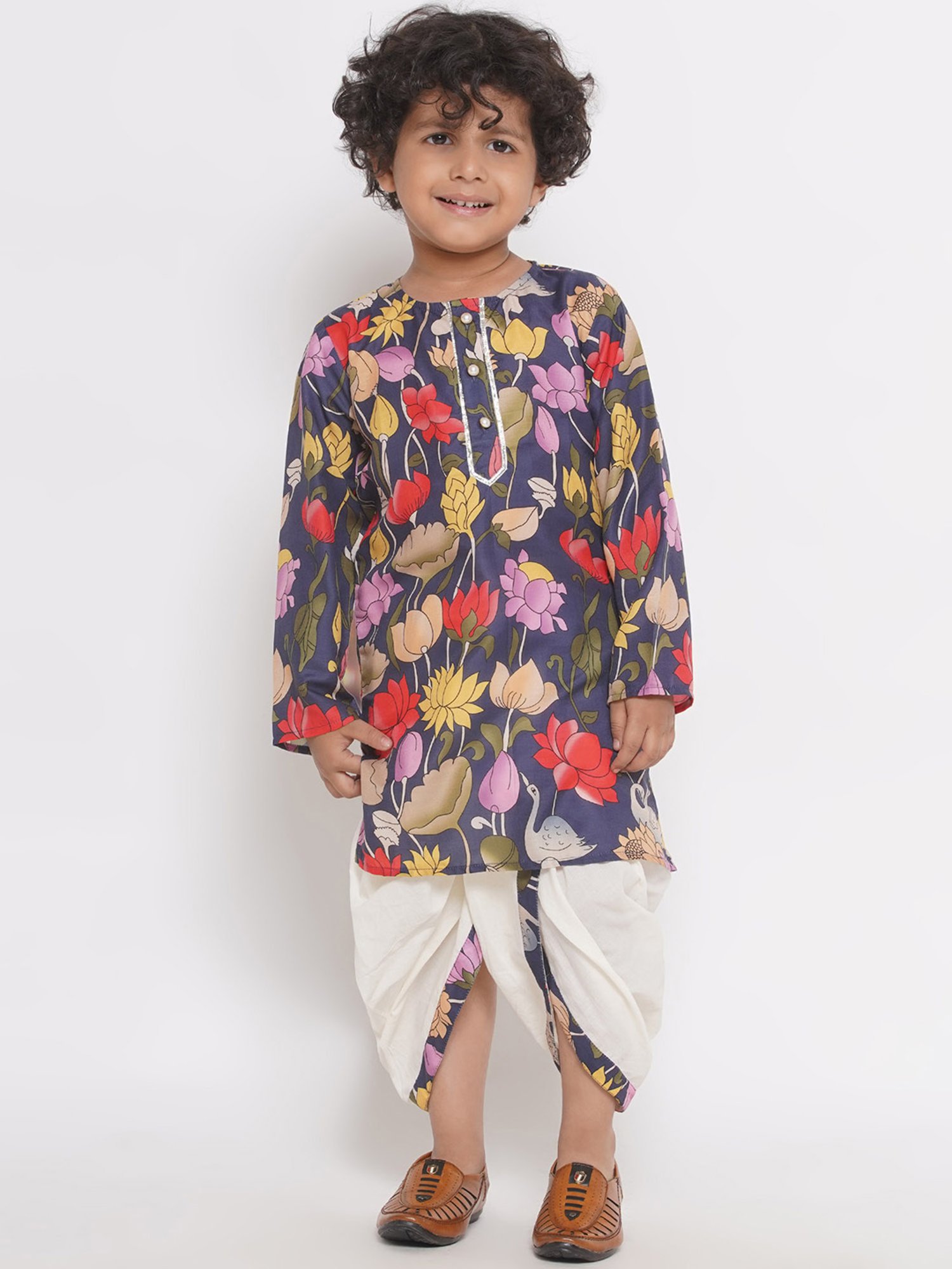 Little Bansi Kids Navy & White Floral Print Kurta with Dhoti