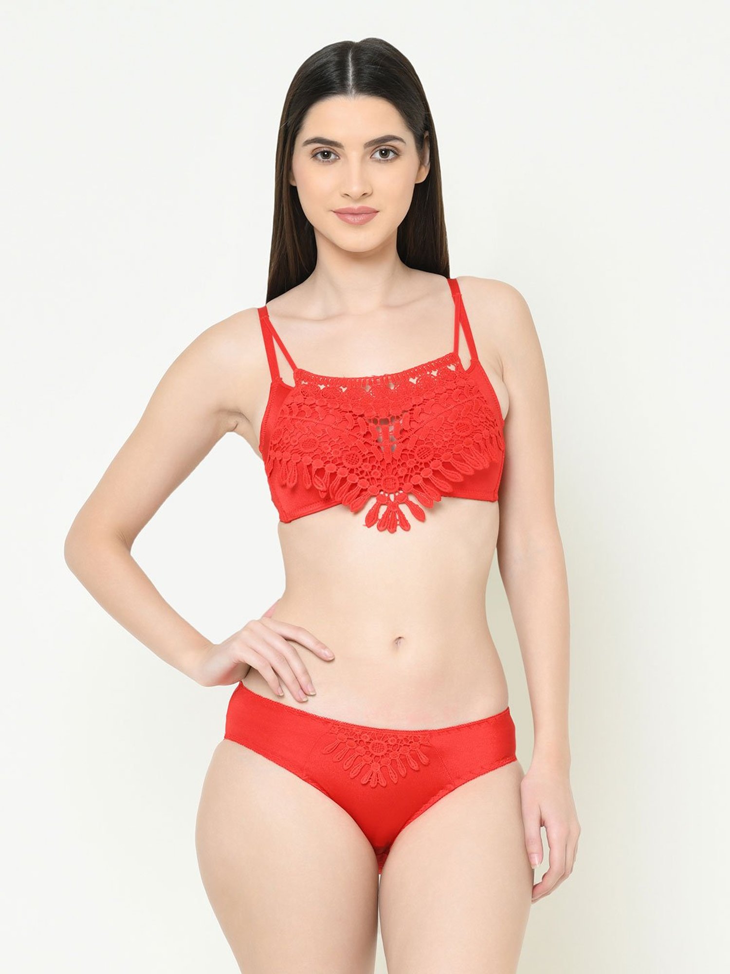Da Intimo Red Lace Overlay Bralette Lingerie Set