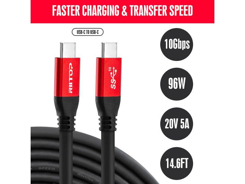 USB C to USB C Fast Charging Cable 15Ft, RIITOP USB 3.1 Gen 2 10Gbps Type C Cable with E-Marker Chipset, PD Charging 96W(20V 5A),Compatible with Gaming Box, Digital Camera, Oculus Quest 2 Link