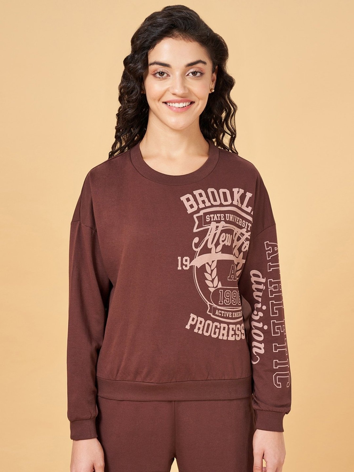Ajile by Pantaloons Brown Cotton Printed Sports Sweatshirt