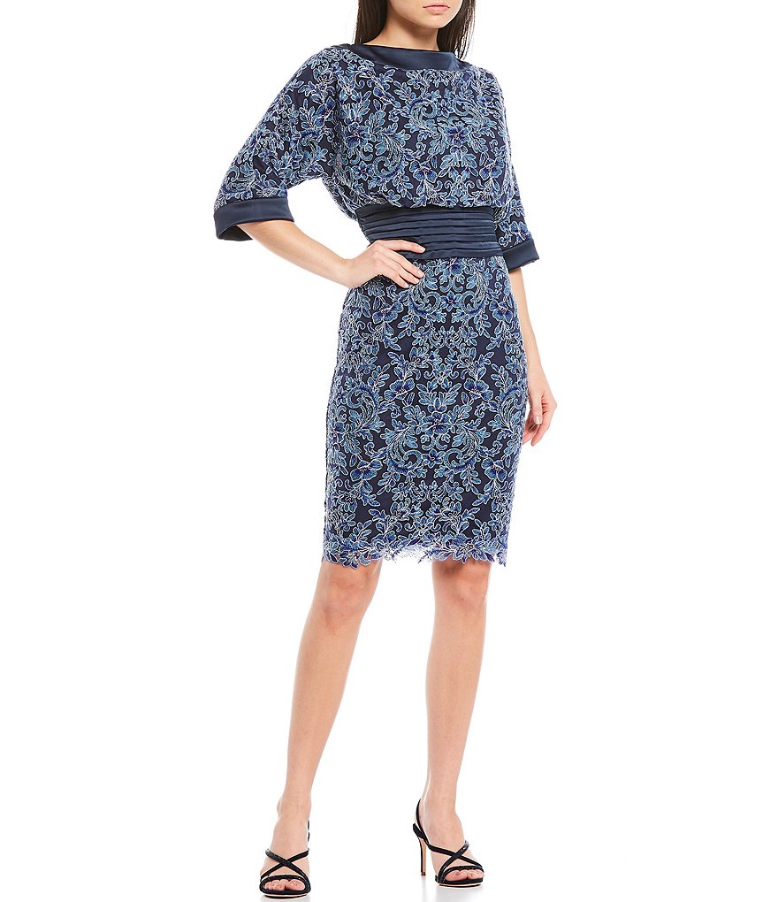 Marina Sequin Lace Round Neck 3/4 Sleeve Sheath Dress