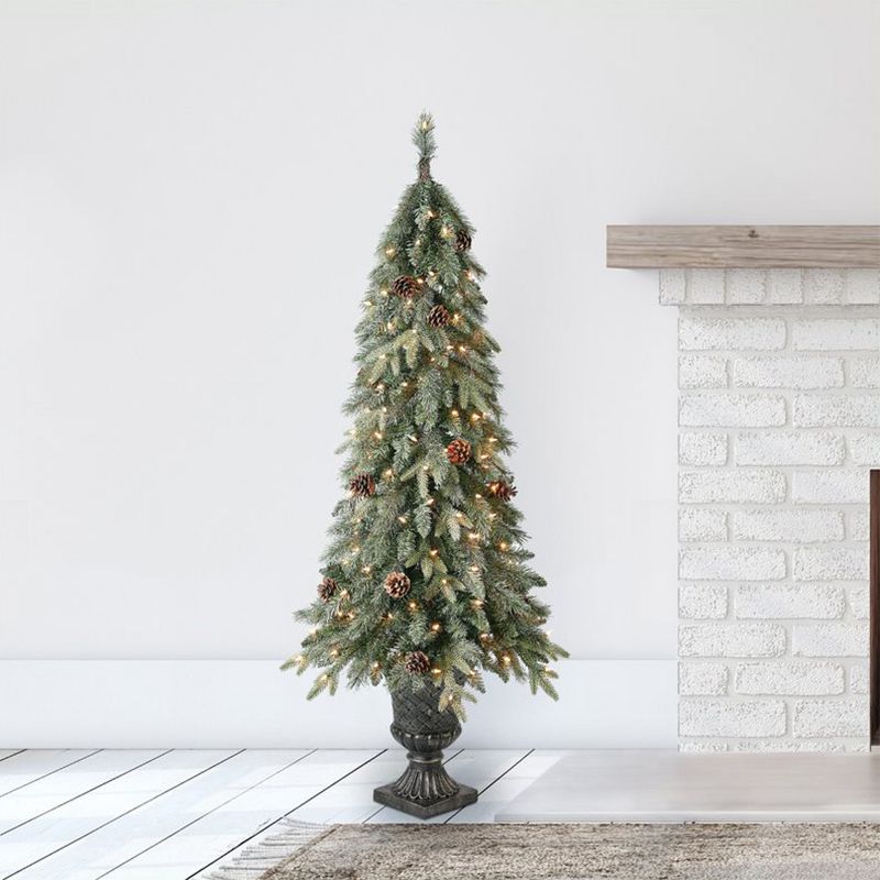 Home Heritage Entryway 5 Foot Prelit Pot Pine Christmas Tree With White Lights and Pinecones