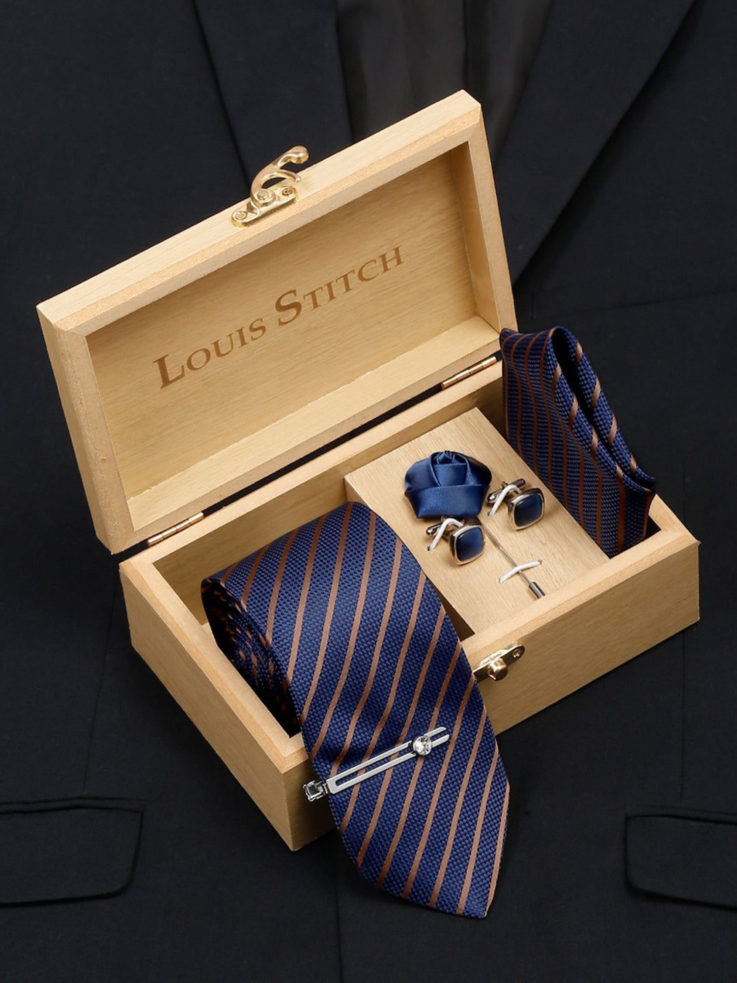 Louis Stitch Blue Striped Necktie Gift Set - Set of 5