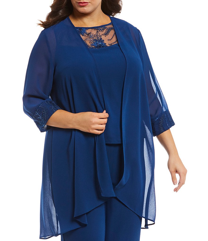 Le Bos Plus Size Crew Neck 3/4 Sleeve Chiffon Embroidered 3-Piece Pant Set