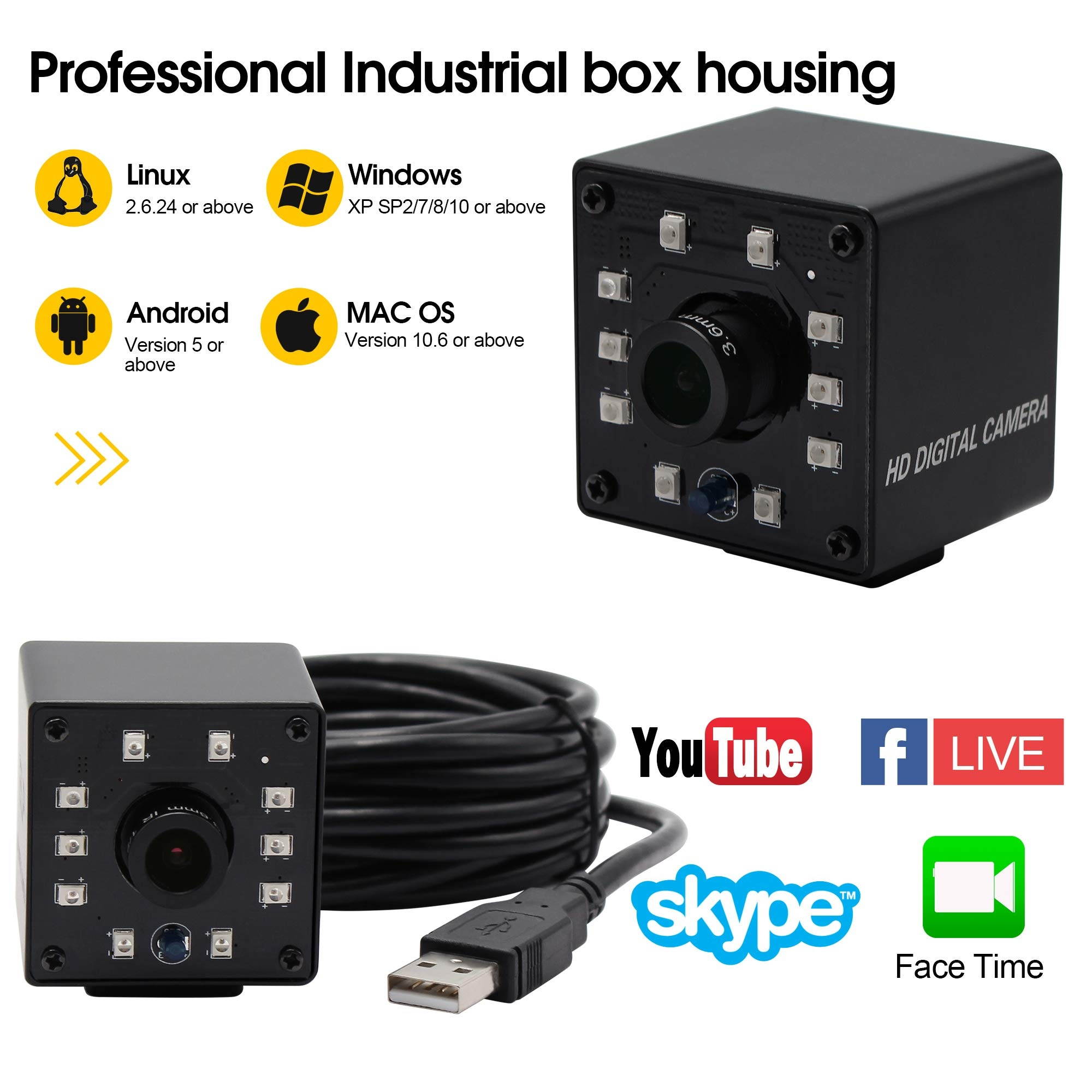 100fps Night Vision USB Camera 1/2.7" CMOS OV2710 Web Cam Full HD 1080P USB with Camera Mini Infrared USB2.0 Webcam with IR Cut and 10pcs Led Board,Webcamera with 3.6mm Lens for Android Windows