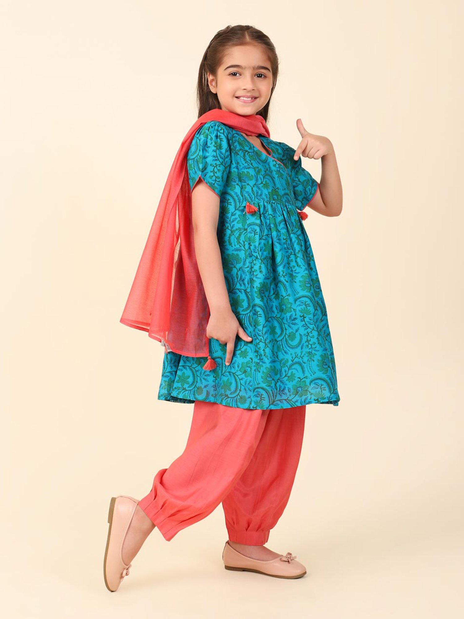 Fabindia Kids Teal & Coral Floral Print Kurta, Salwar With Dupatta