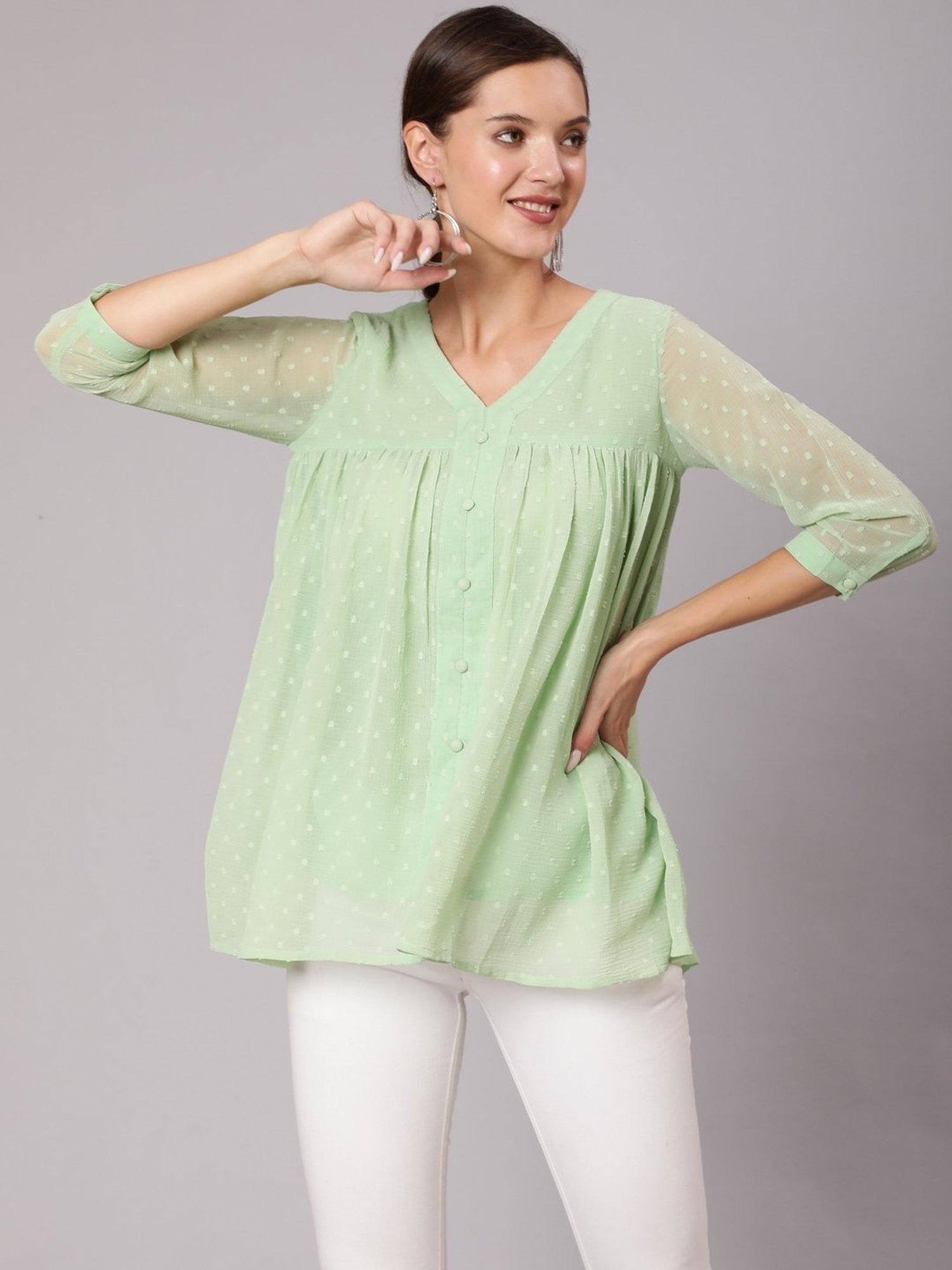 Jaipur Kurti Green Self Pattern Top