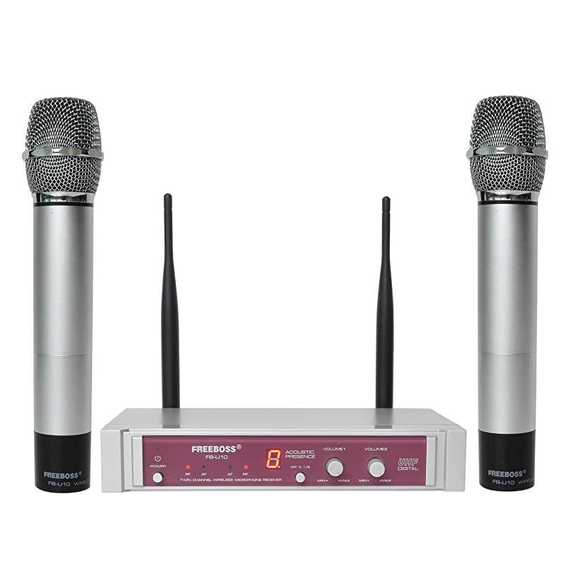 Wireless Microphone system  Dual Channel UHF Wireless Microphone Set with 2 Sliver Handhelds Metal Receiver Ideal for Church Meeting Karaoke Wedding FBU10S1