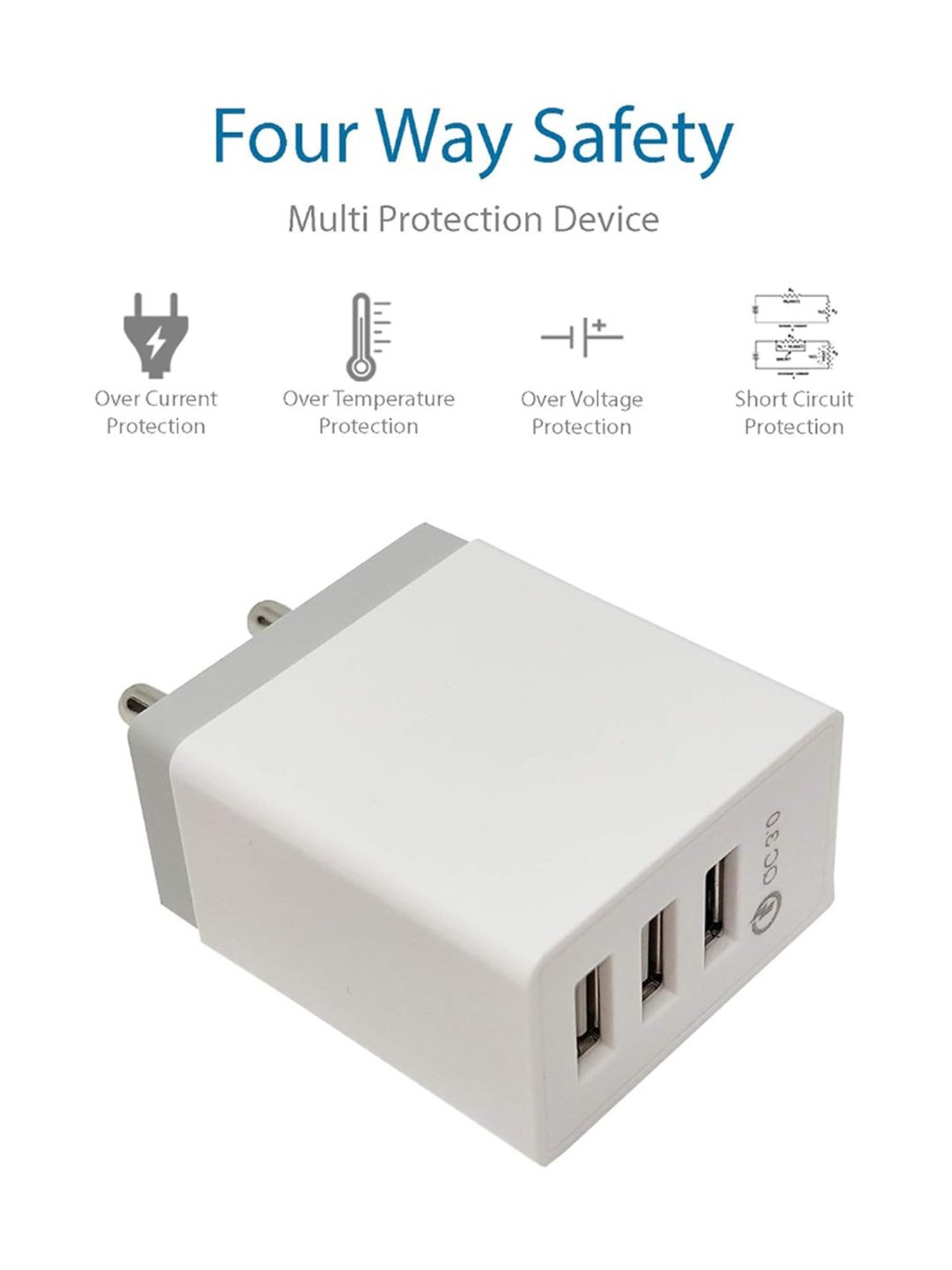 LCARE QC 3.0 USB 03 Port Charger and Micro USB Cable 1.2 Meter