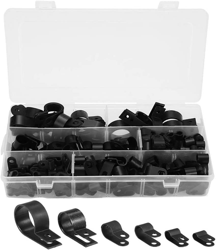 Cable Clamp 200 Pcs Black Nylon Plastic R-Type Cable Clamps 3/16" 1/4" 3/8" 1/2" 3/4" 1" Clips Fasteners Assortment for Cable Conduit