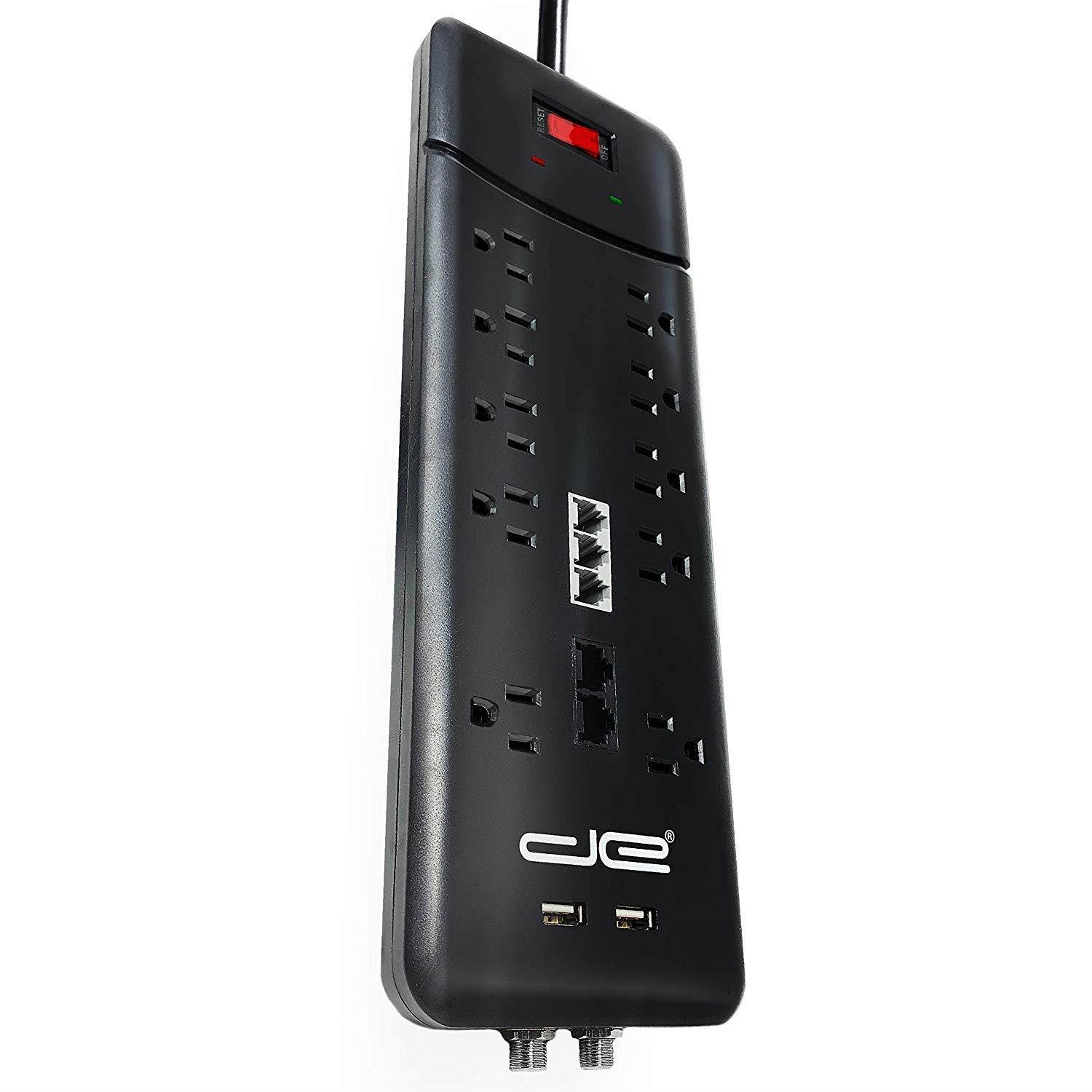 Digital Energy 15-ft Heavy Duty 10-Outlet 3500 Joules Surge Protector Power Strip, 15 Foot Long Extension Cord, Two USB Charging Ports, Coaxial, Phone Protection, ETL Listed. 15 AMP, Black