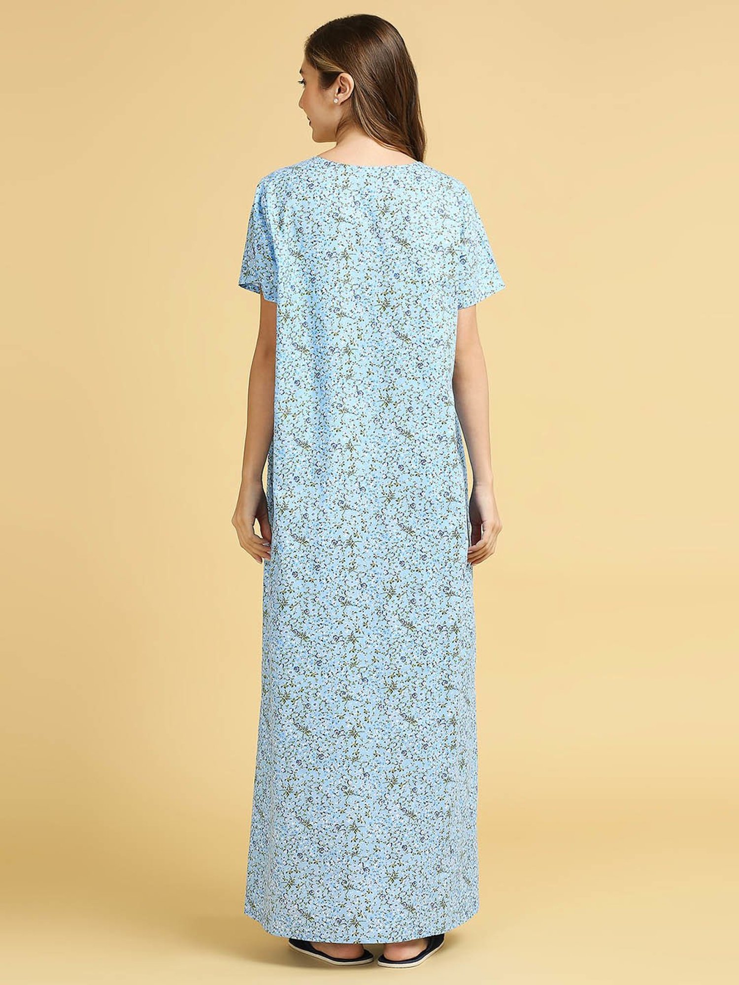 MomToBe Blue Cotton Floral Print Feeding Nighty