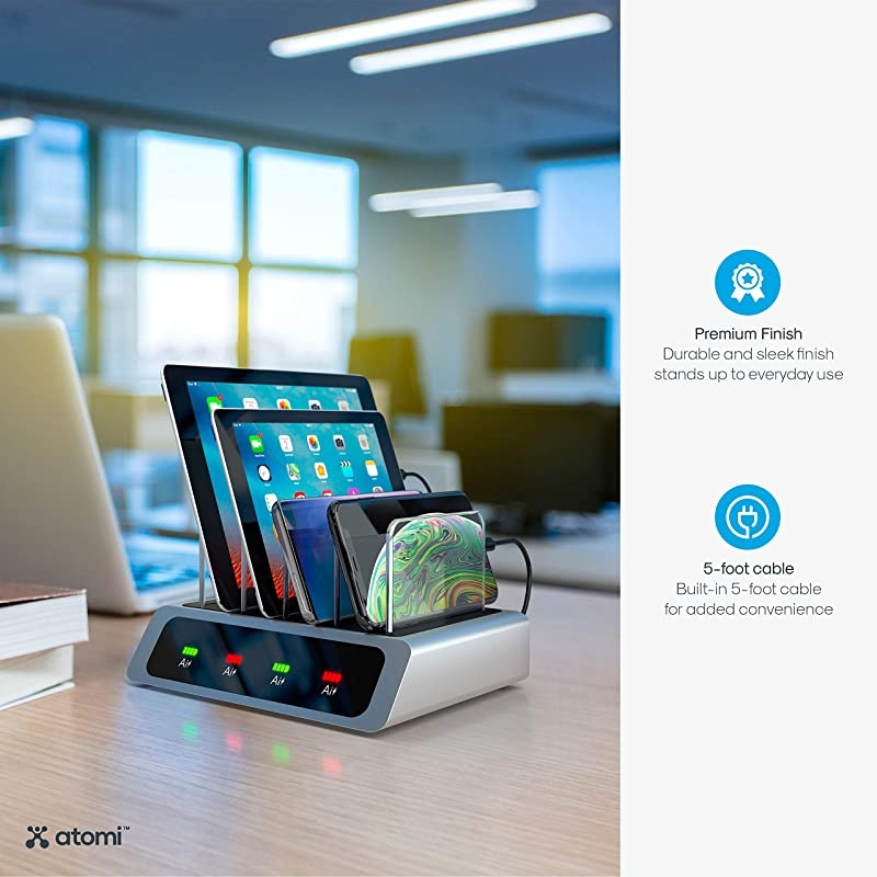 Charge Station Signal USB Desktop Charging Station Visual LED Indicators Device Dividers 4 USB Ports Silver