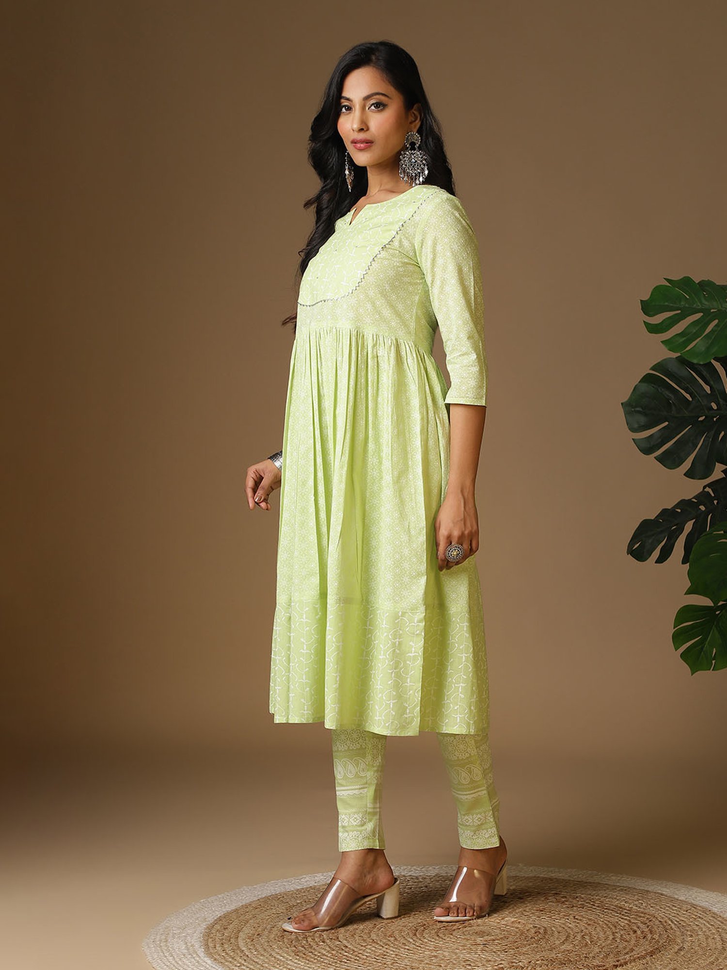 Rangita Lime Green Cotton Printed Kurta Pant Set