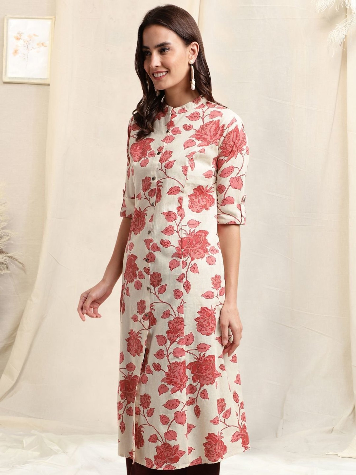 MIRCHI FASHION Beige Cotton Floral Print Straight Kurta