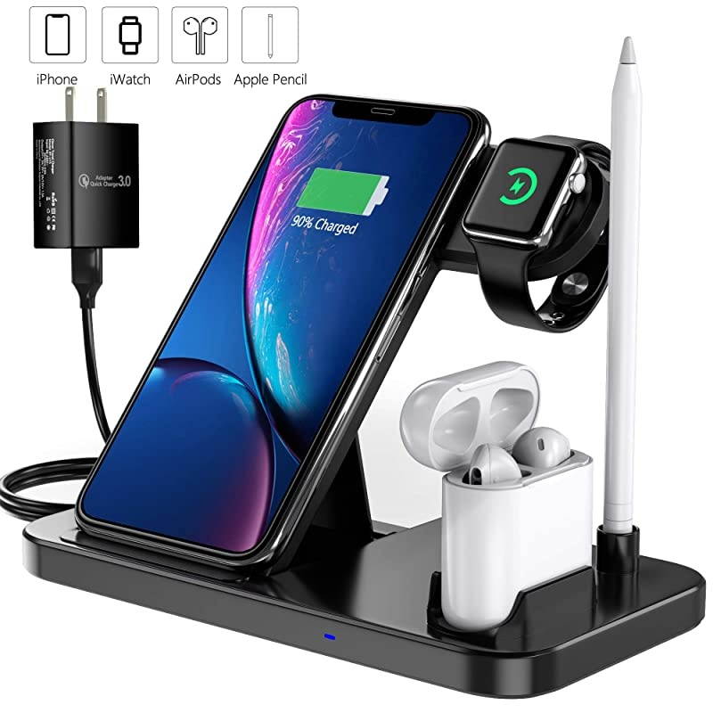 4 in 1 Wireless Charger QiCertified Fast Charging Station Compatible Apple Watch AirPods Apple Pencil iPhone121111Pro11Pro MaxXXSXS MaxXR88Plus Samsung with QC30 Adapter