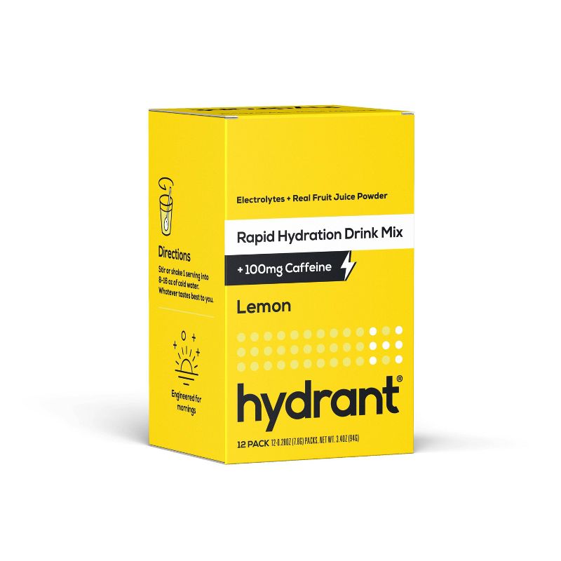 Hydrant Energy Electrolyte Rapid Hydration Powder Packets Drink Mix with Caffeine - Lemon - 12ct
