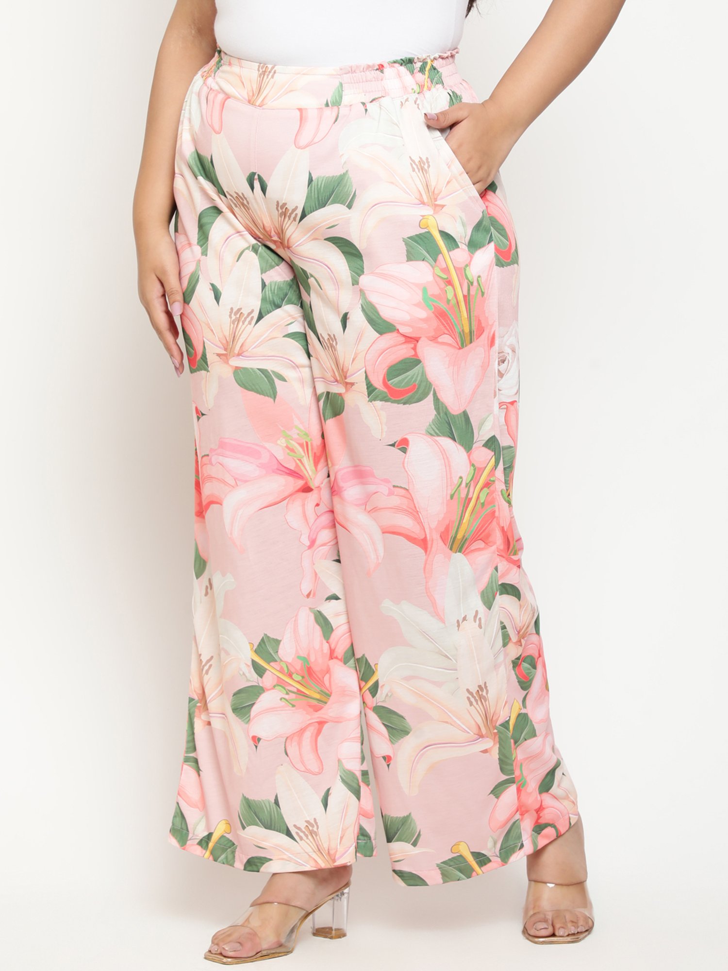 Amydus Pink Floral Print Flared Fit High Rise Pants
