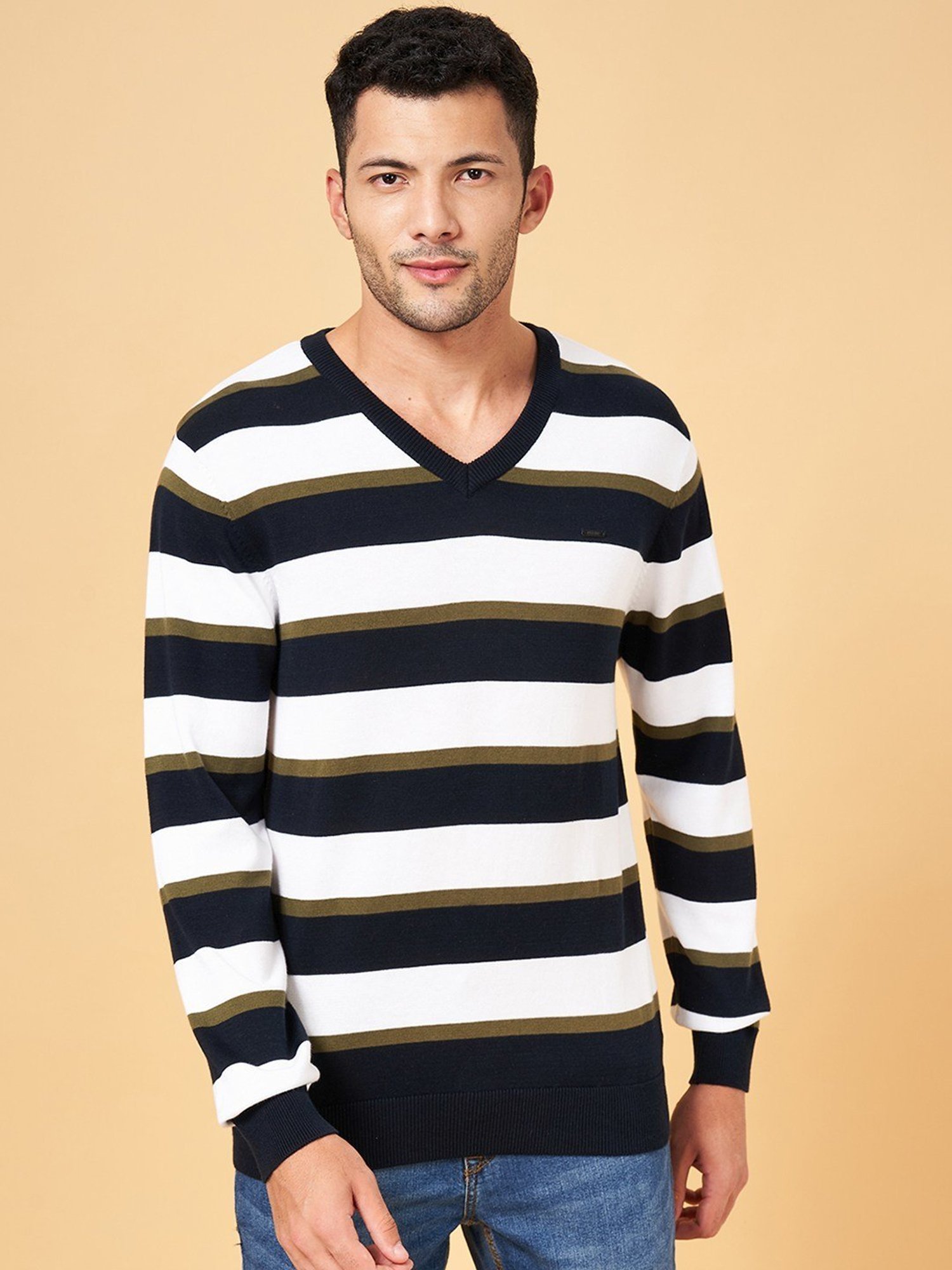 Byford by Pantaloons Multi Cotton Slim Fit Striped Sweater