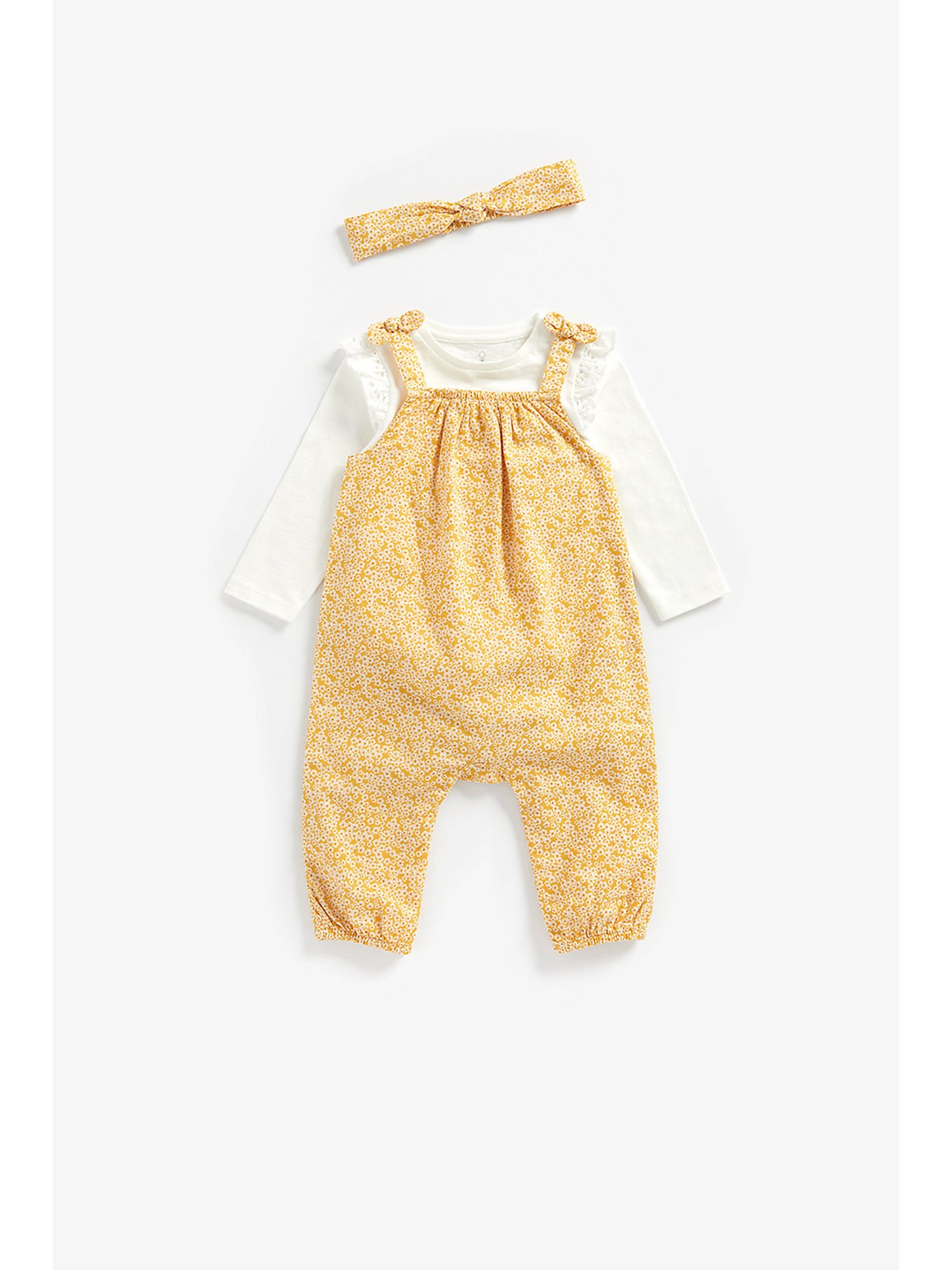 Mothercare Kids White & Mustard Floral Print Full Sleeves Top, Dungree with Headband