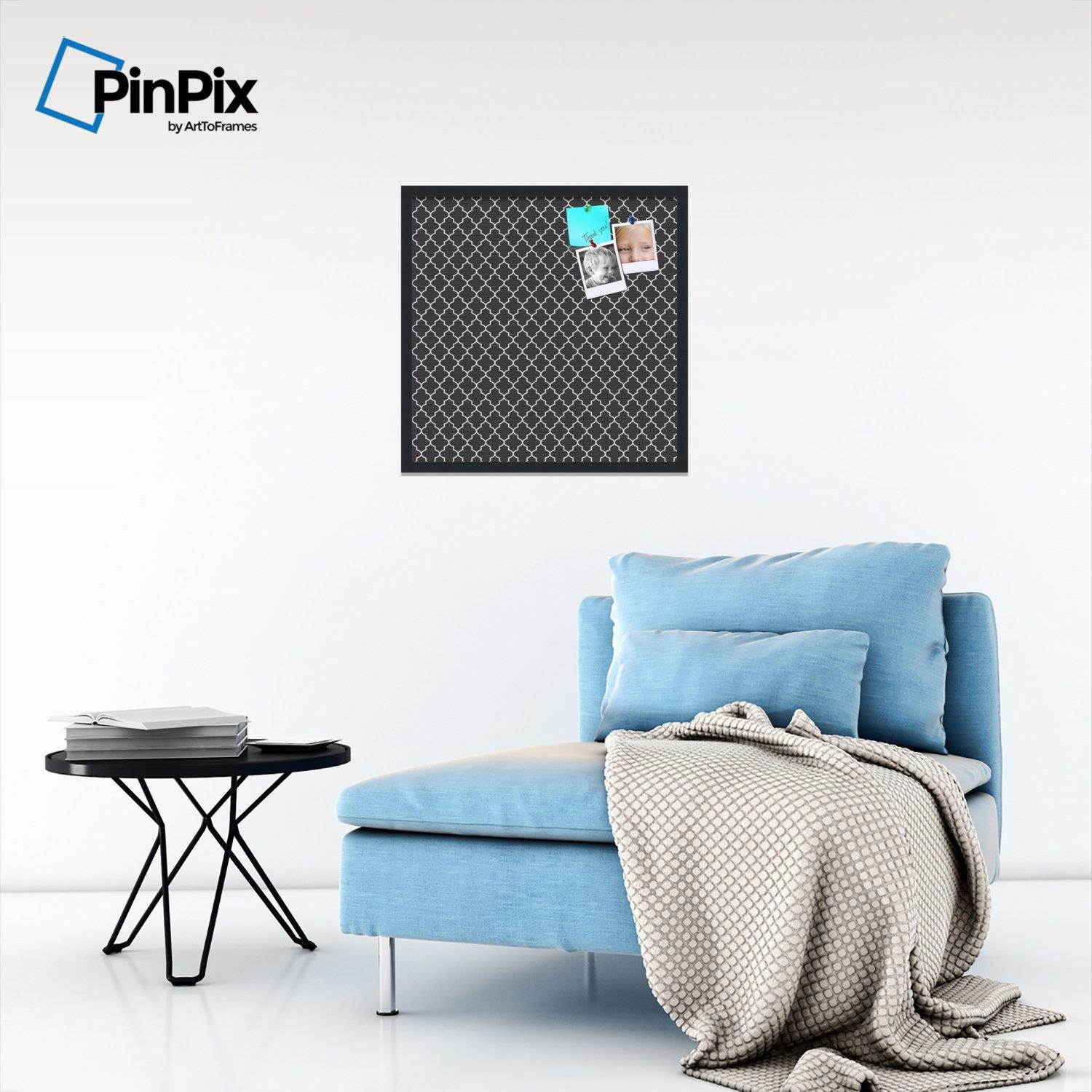 PinPix custom printed pin cork bulletin board made from canvas, Elegant Quatrefoil Pattern 24 x 24 Inches (Completed Size) and framed in Satin Black (PinPix-116)