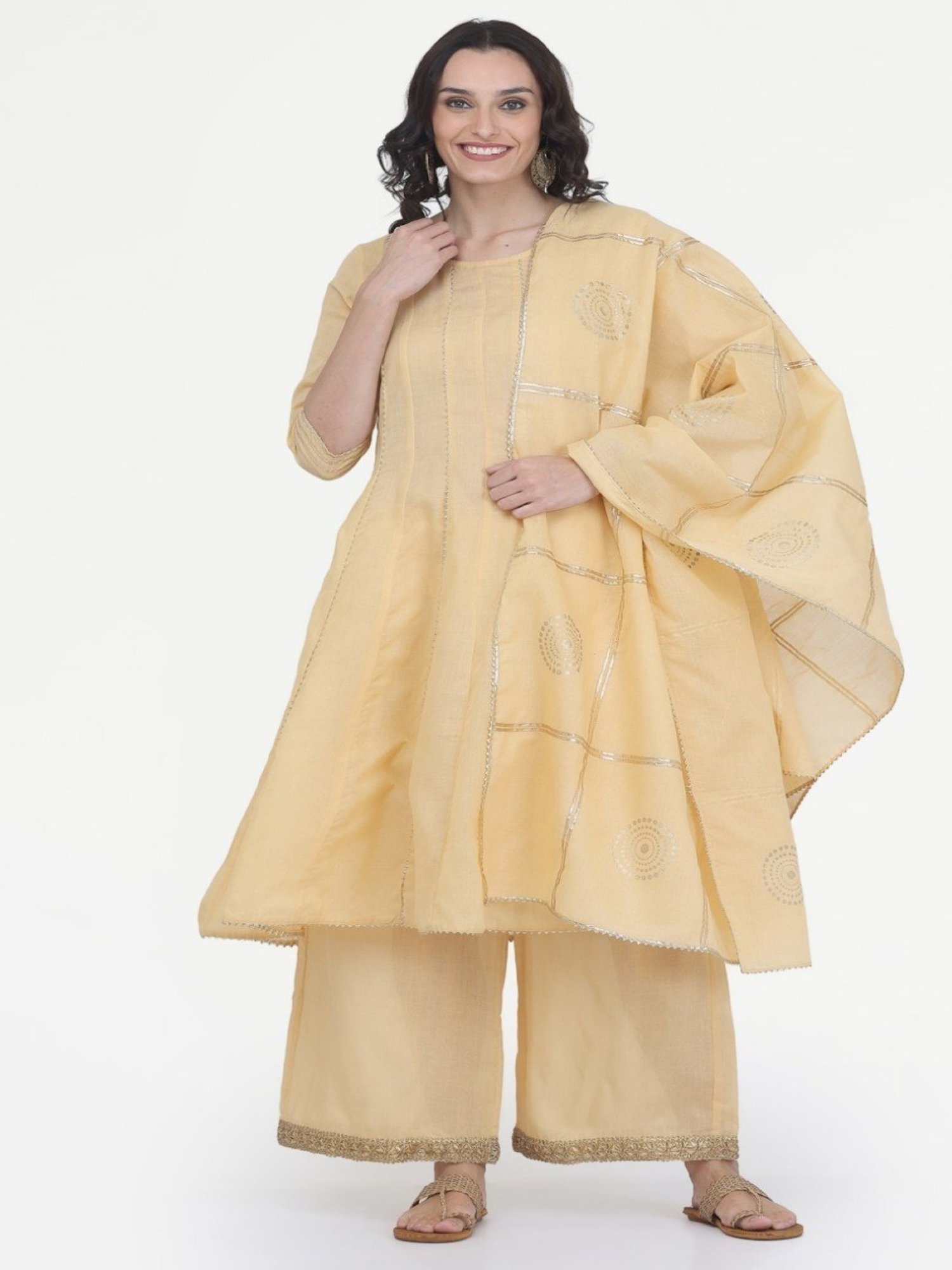 Kaanchie Nanggia Beige Gota Work Kurta Pant with Printed Duatta