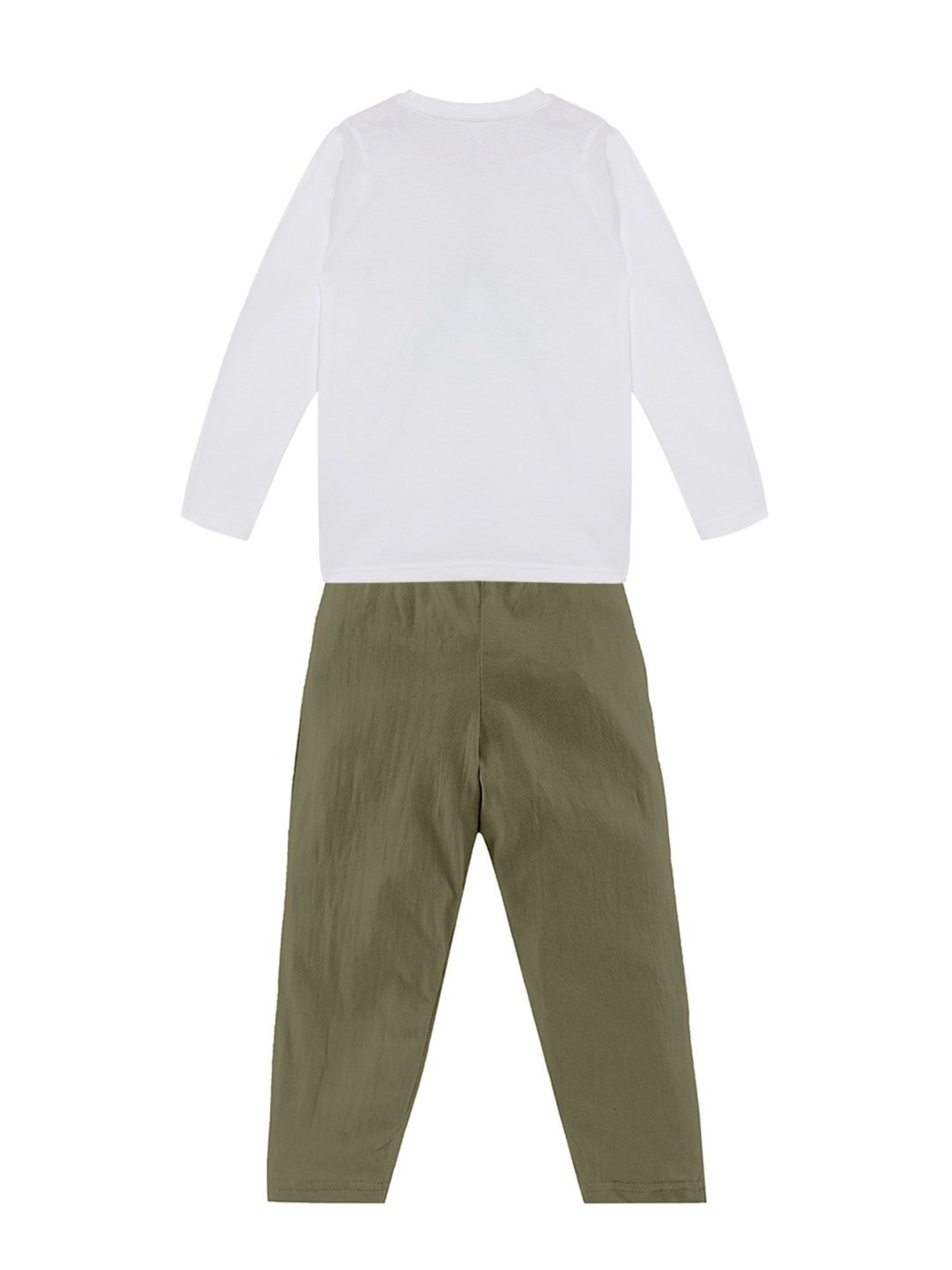 Kiddopanti Kids White & Olive Printed Full Sleeves T-Shirt with Pyjamas