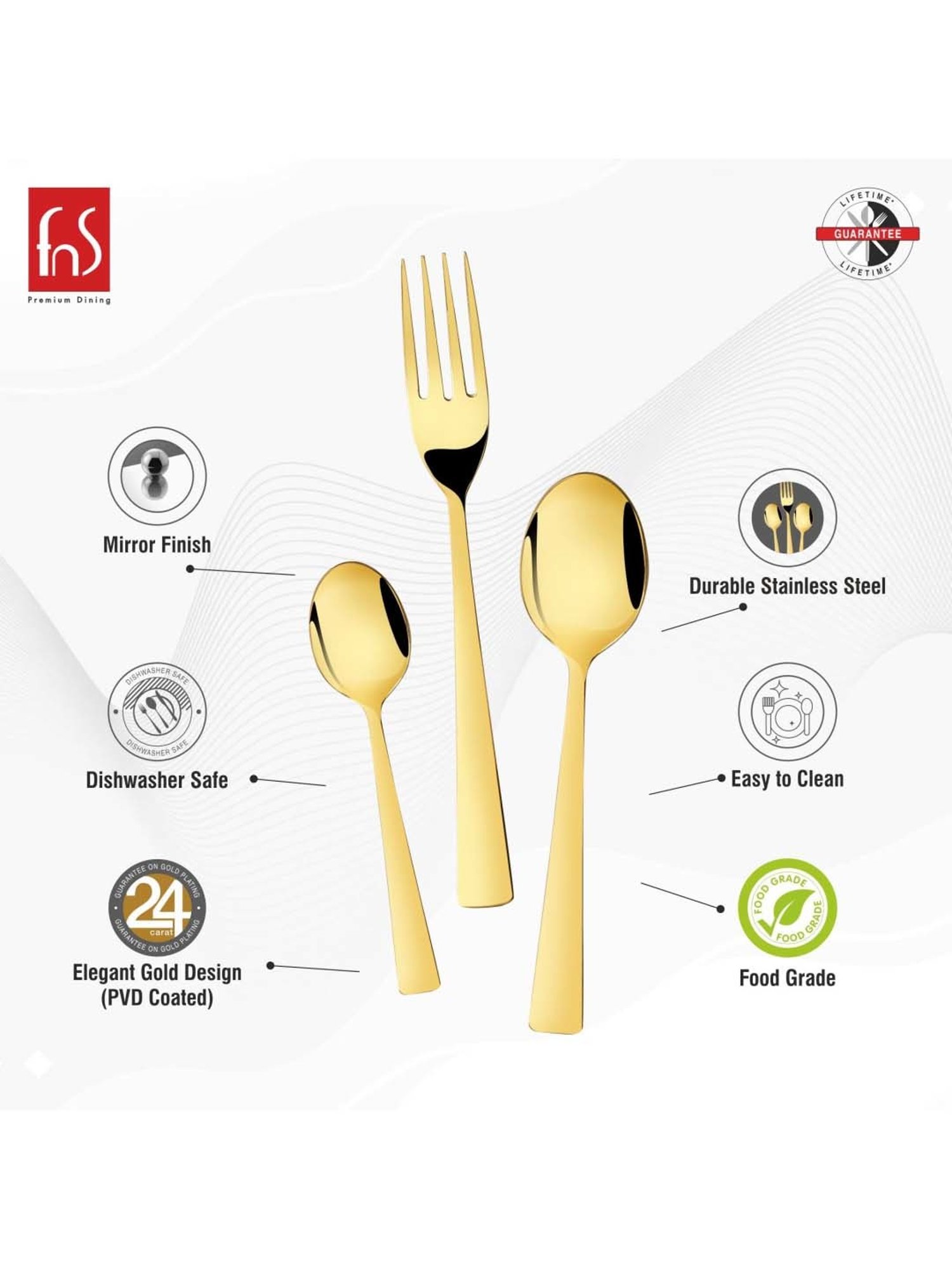 FnS Alexa Gold Stainless Steel Cutlery - Set of 18