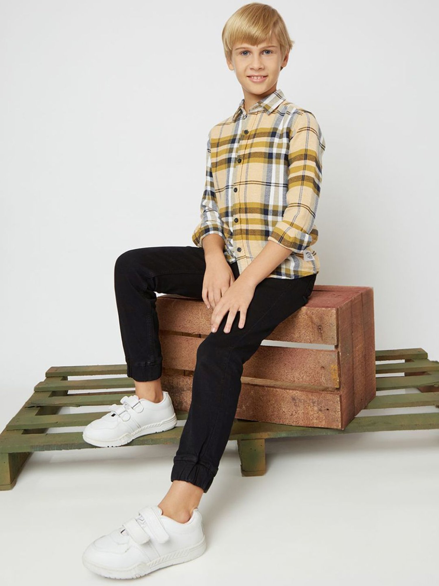 GAS Kids Yellow Cotton Chequered Full Sleeves Shirt