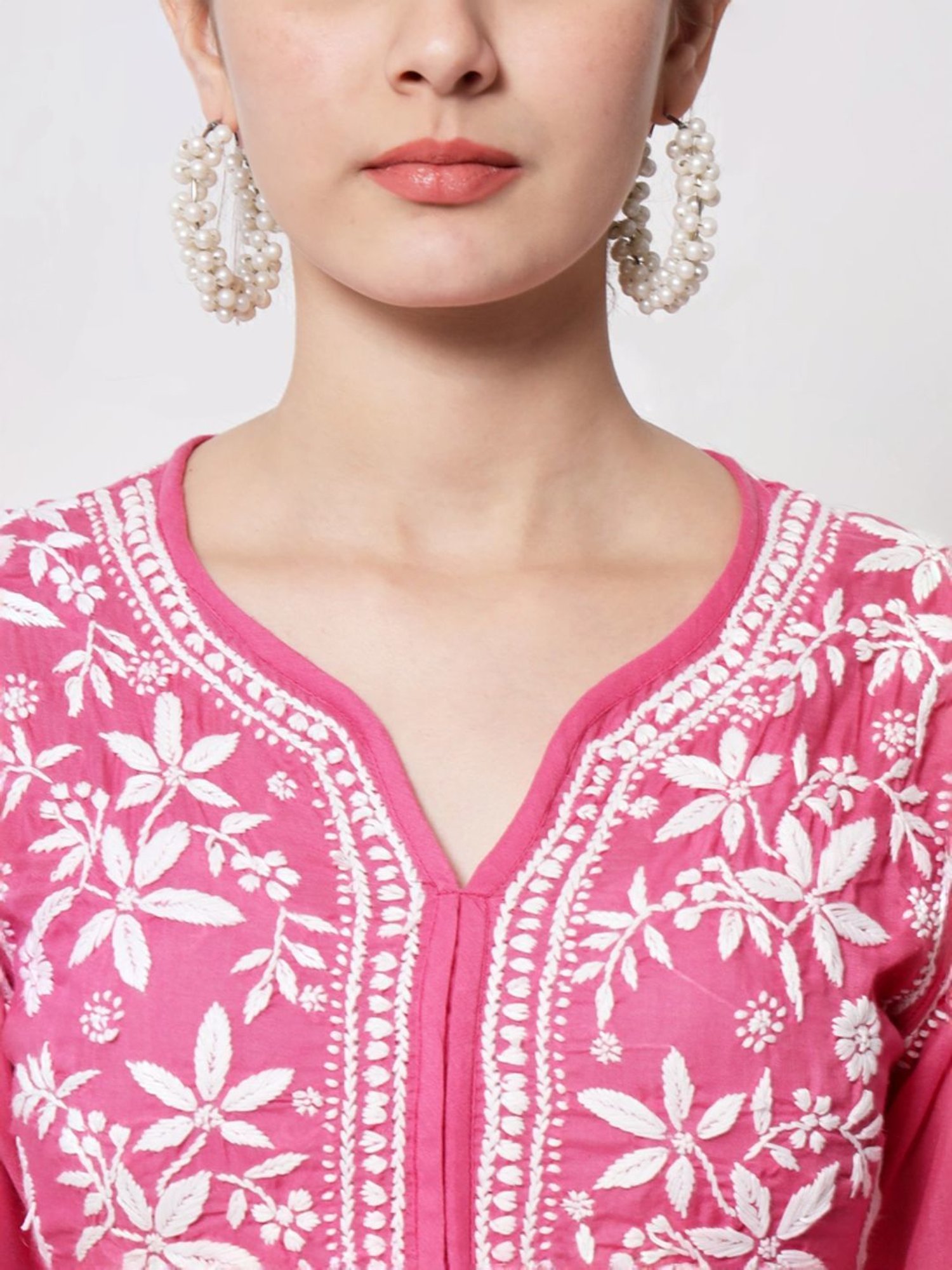 PARAMOUNT CHIKAN Hot Pink Cotton Hand Embroidered Chikankari Straight Kurta