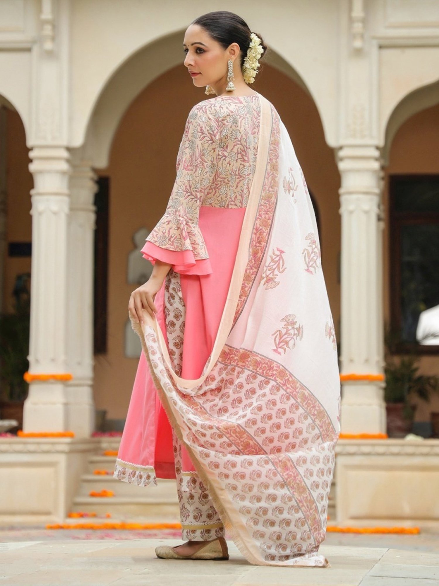 Rain and Rainbow Pink & Beige Cotton Floral Print Kurta Palazzo Set With Dupatta