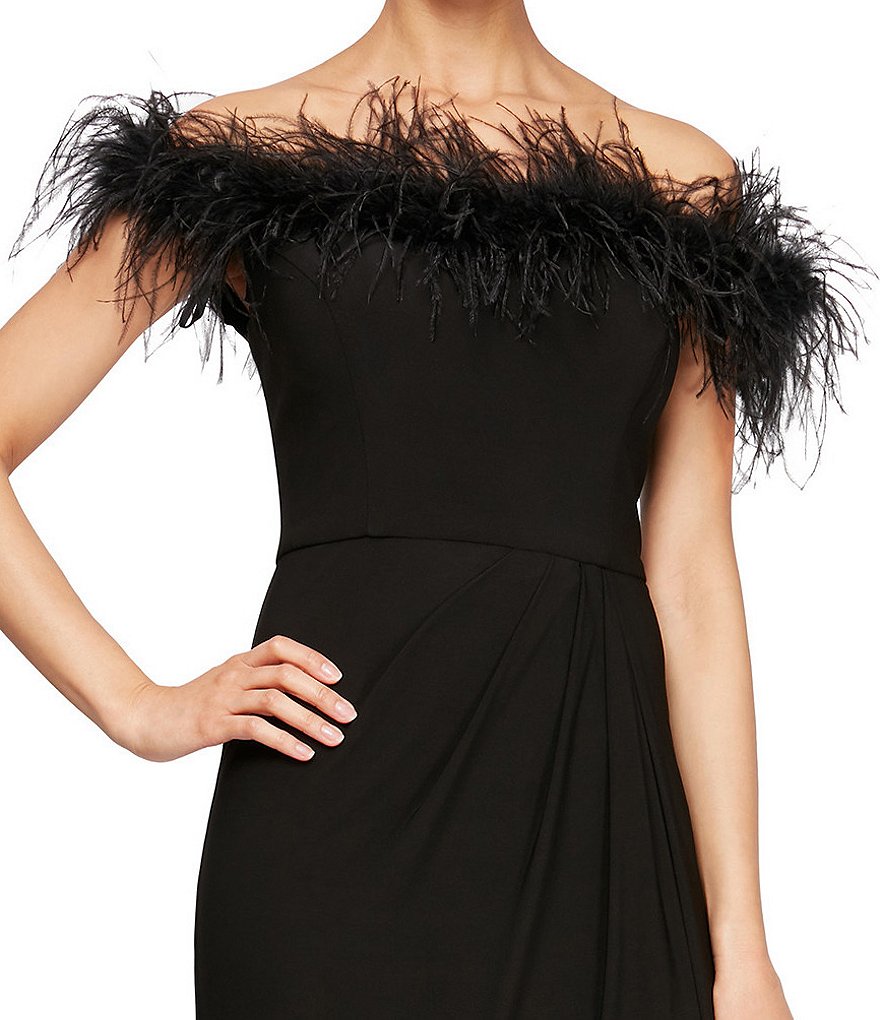 Alex Evenings Stretch Matte Jersey Feather Off-the-Shoulder Front Slit Gown