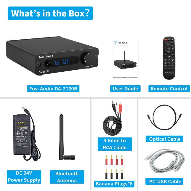 Fosi Audio DA2120B Bluetooth Amplifier Stereo Audio Wireless Amp Hifi Class D Power Amp 100W x2 Passive Speakers Remote Control