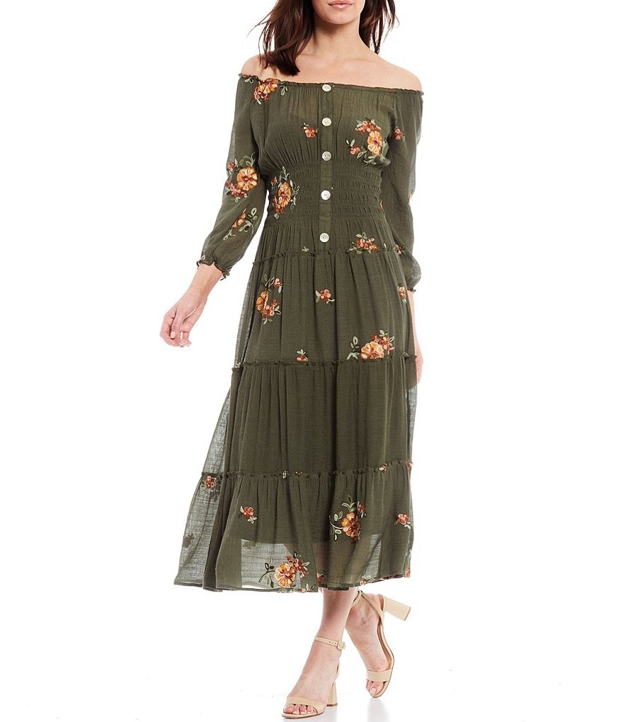 Figueroa & Flower Petite Size Veronica Embroidered Off-The-Shoulder Tiered Maxi Dress