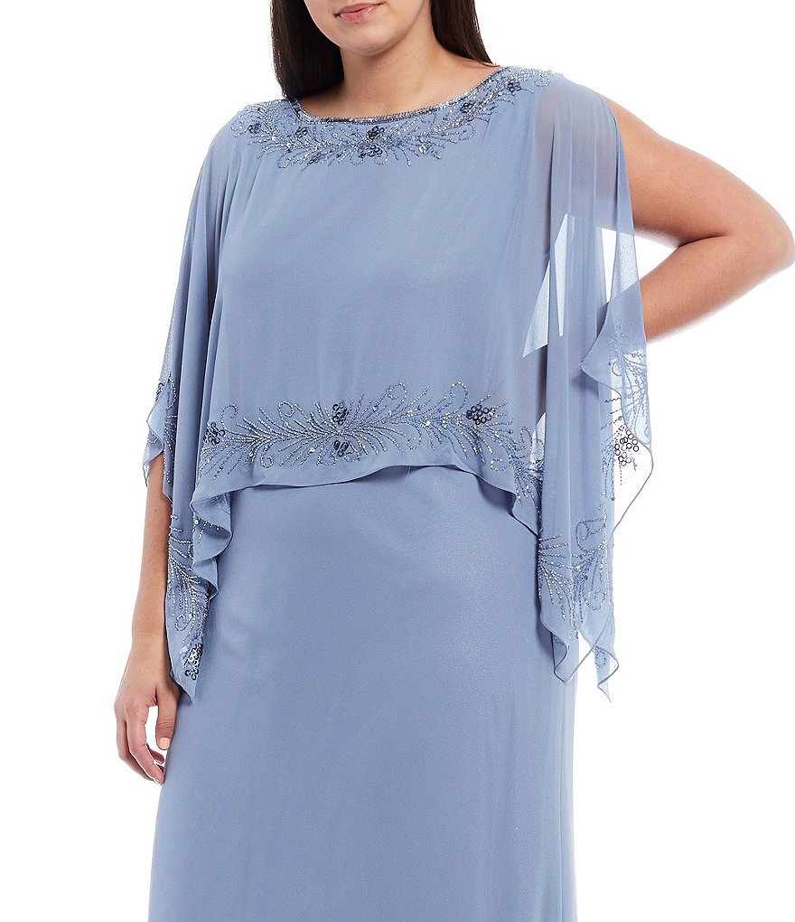 Jkara Plus Size Round Neck 3/4 Sleeve Beaded Trim Popover Chiffon Gown