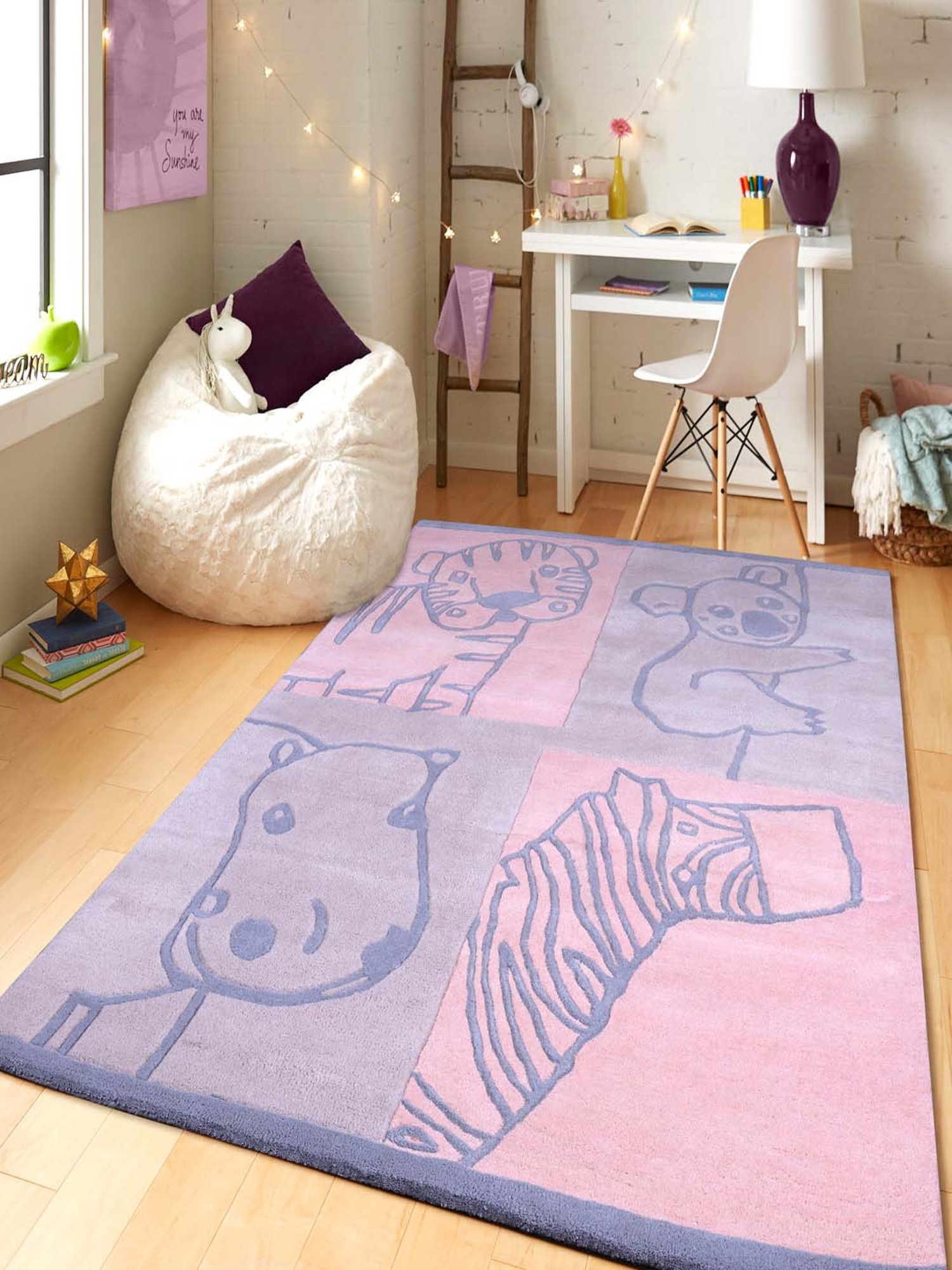 Pequra Pink & Purple Wild Animal Cartoon Hand Tufted Wool Kids Carpet - Set of 1