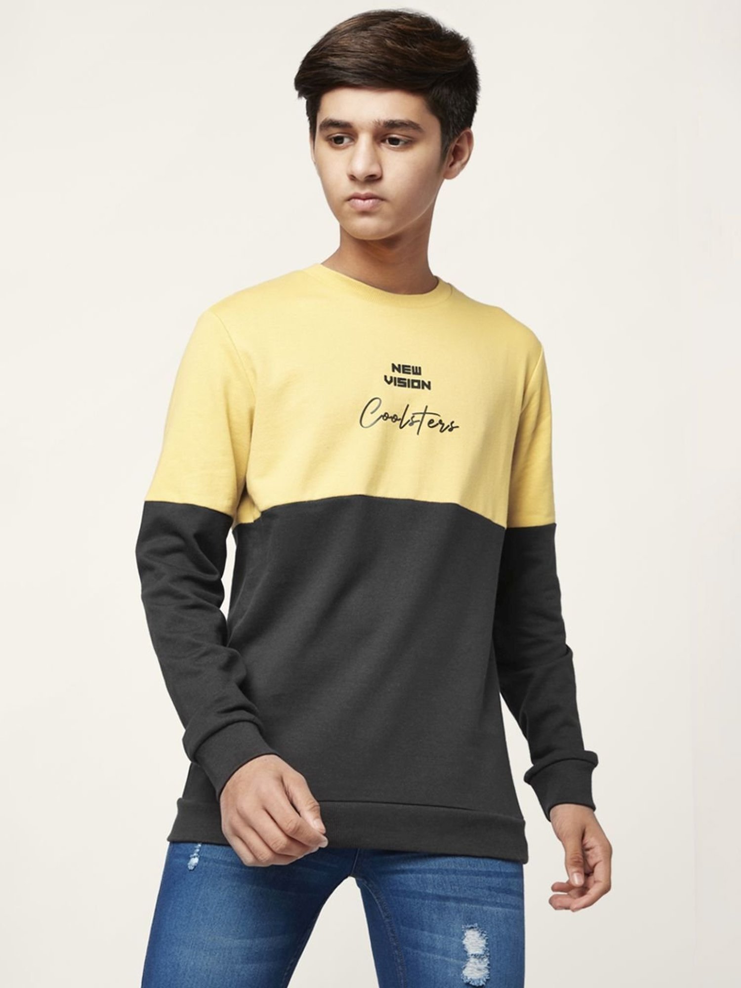 Coolsters by Pantaloons Kids Yellow & Black Cotton Color Block Full Sleeves Sweatshirt