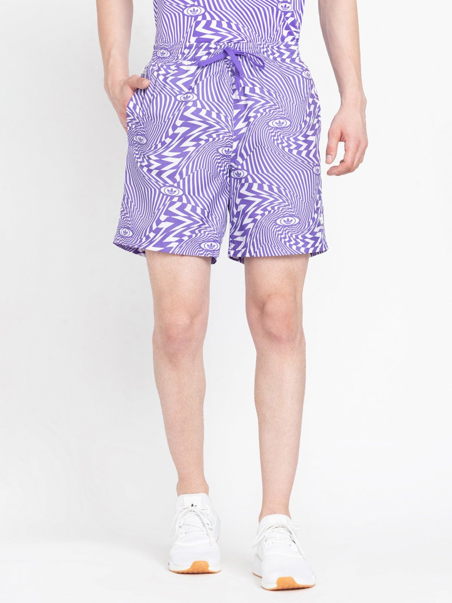 Adidas Originals White & Purple Regular Fit Allover Print Shorts