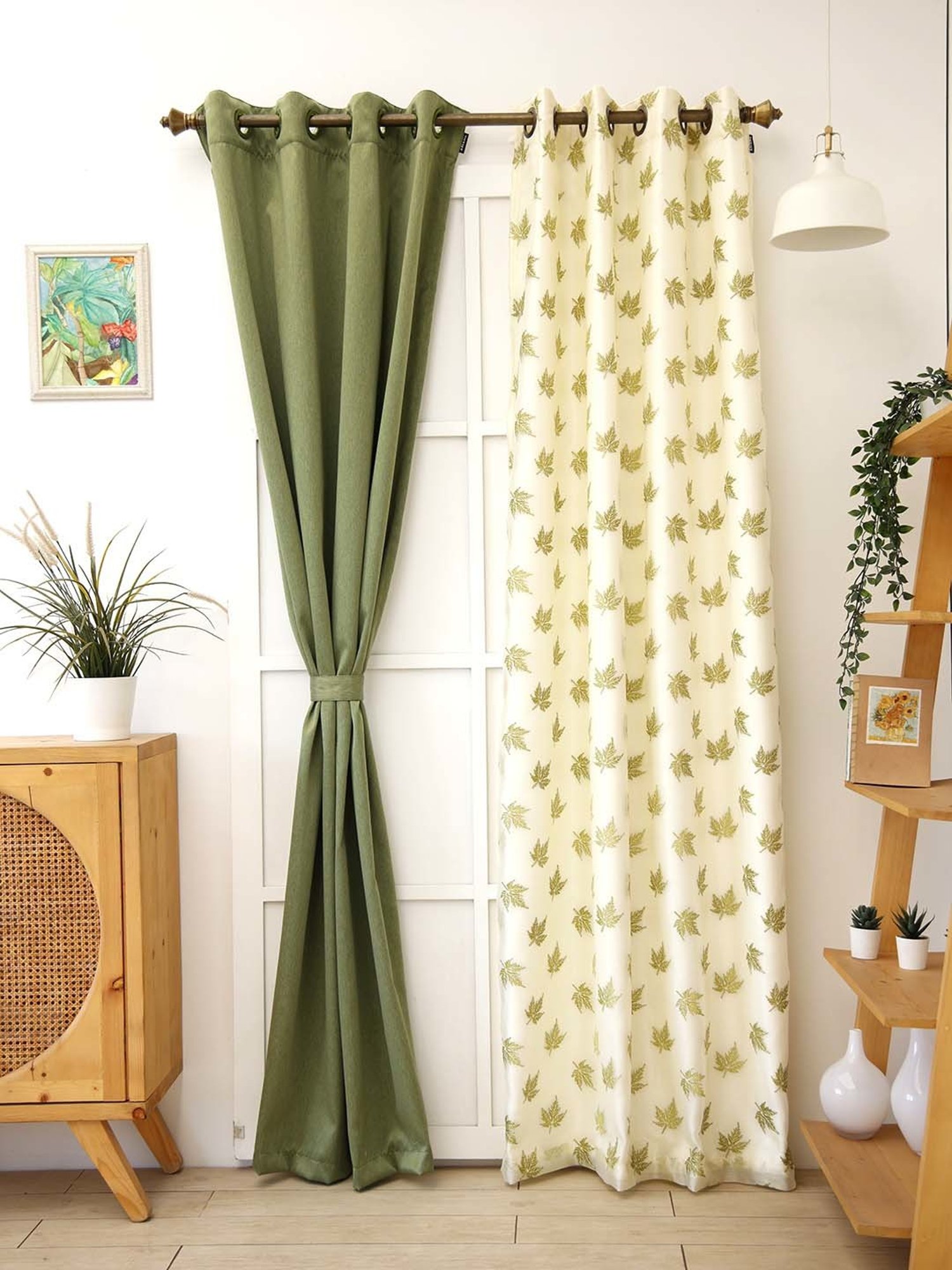 Ariana Foliage Design Olive Green & Beige Polyester 5 Ft. Window Curtain - Set of 2