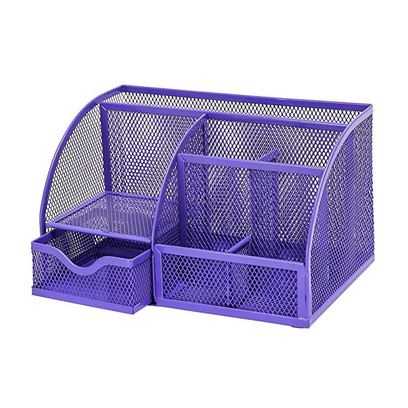 Mesh Desk Organizer Office with 7 Compartments + DrawerDesk Tidy CandyPen HolderMultifunctional Organizer Purple Color EX348PPL
