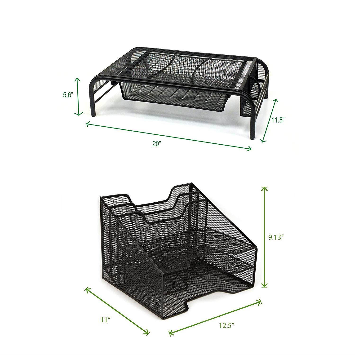 Mind Reader MESHMONBOX-BLK Metal Mesh Monitor Stand with Drawer Organizer, Mesh Desk Organizer 5 Trays Desktop Document Letter Tray for Folders, Mail, Stationary, Desk Accessories, Black 2 Pc Set